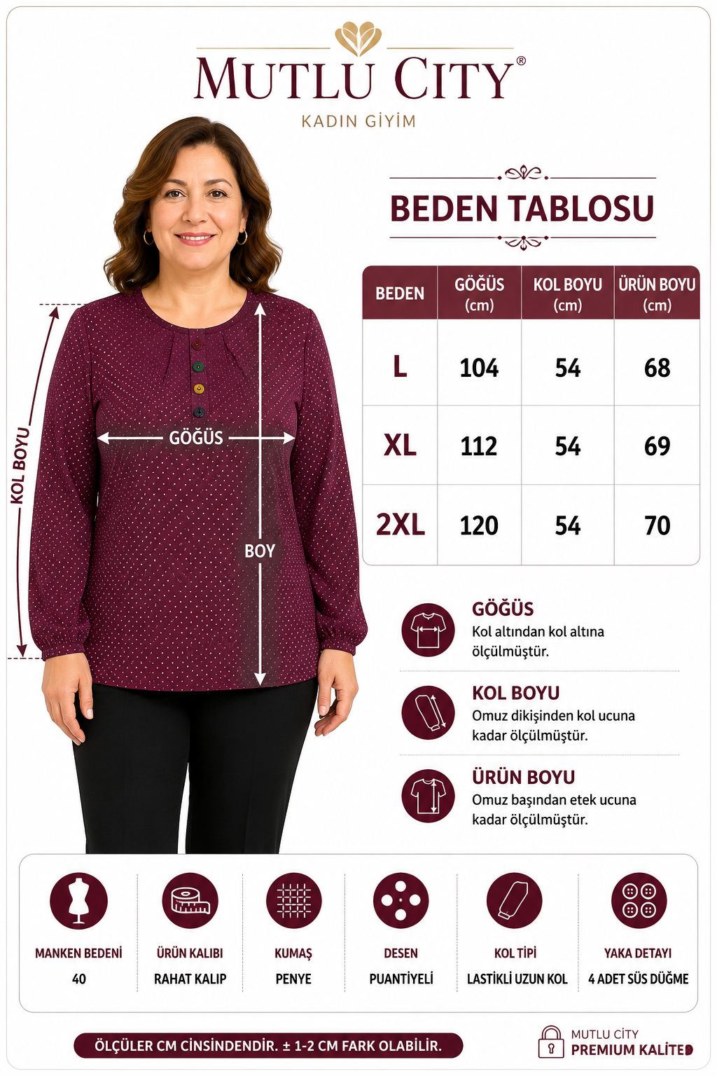 Kadın Orta Yaş ve Üzeri Puantiye Desenli Kol Lastikli Anne Penye Bluz 1603