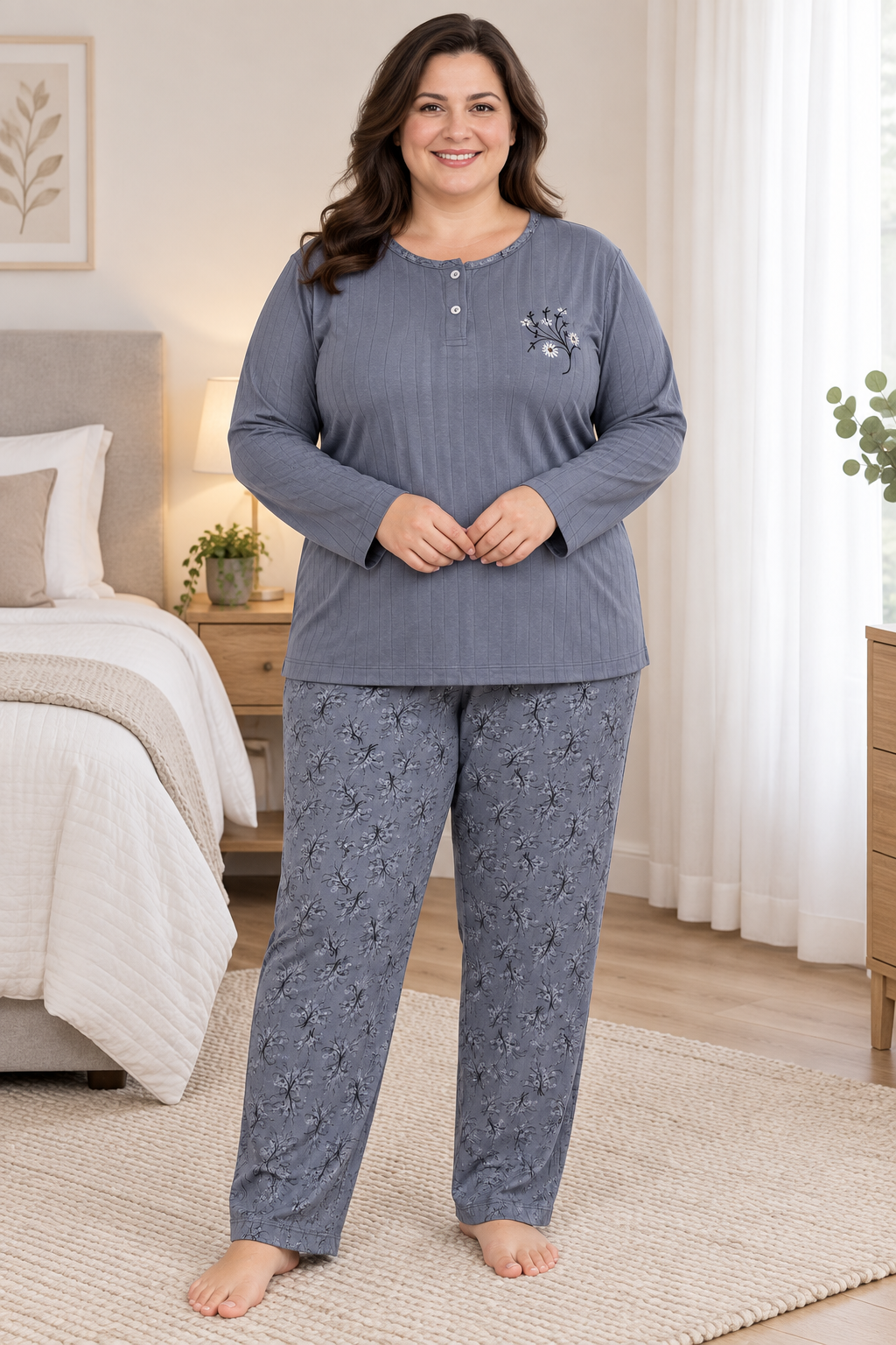 Kadın Orta Yaş ve Üzeri Regular Büyük Beden Pamuk Anne Pijama Takımı 4584