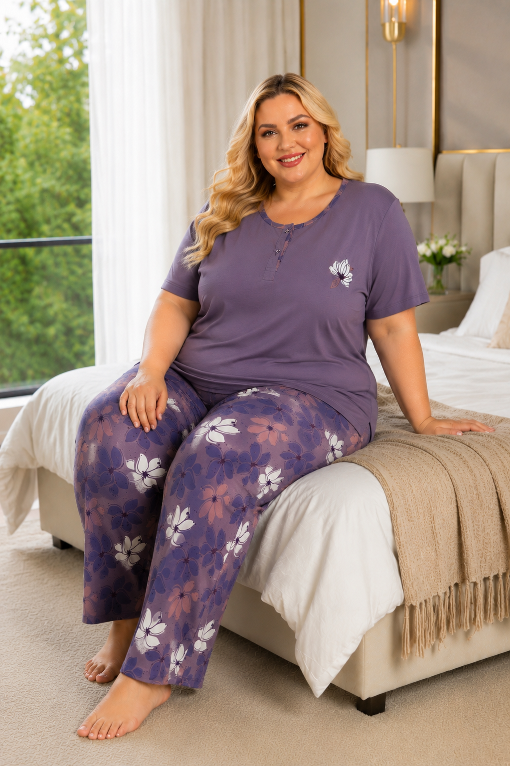 Kadın Orta Yaş ve Üzeri Regular Yüksek Kalite Büyük Beden Modal Kumaş Anne Pijama Takımı 15094
