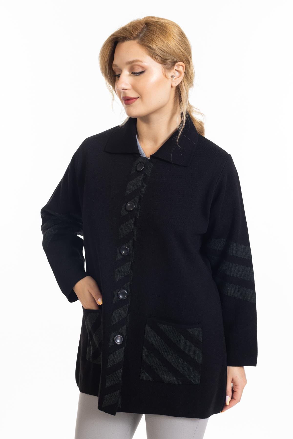 Kadın Orta Yaş ve Üzeri Triko Örgü Sıkı Dokuma Düğmeli Polo Yaka Anne Kışlık Hırka 8189