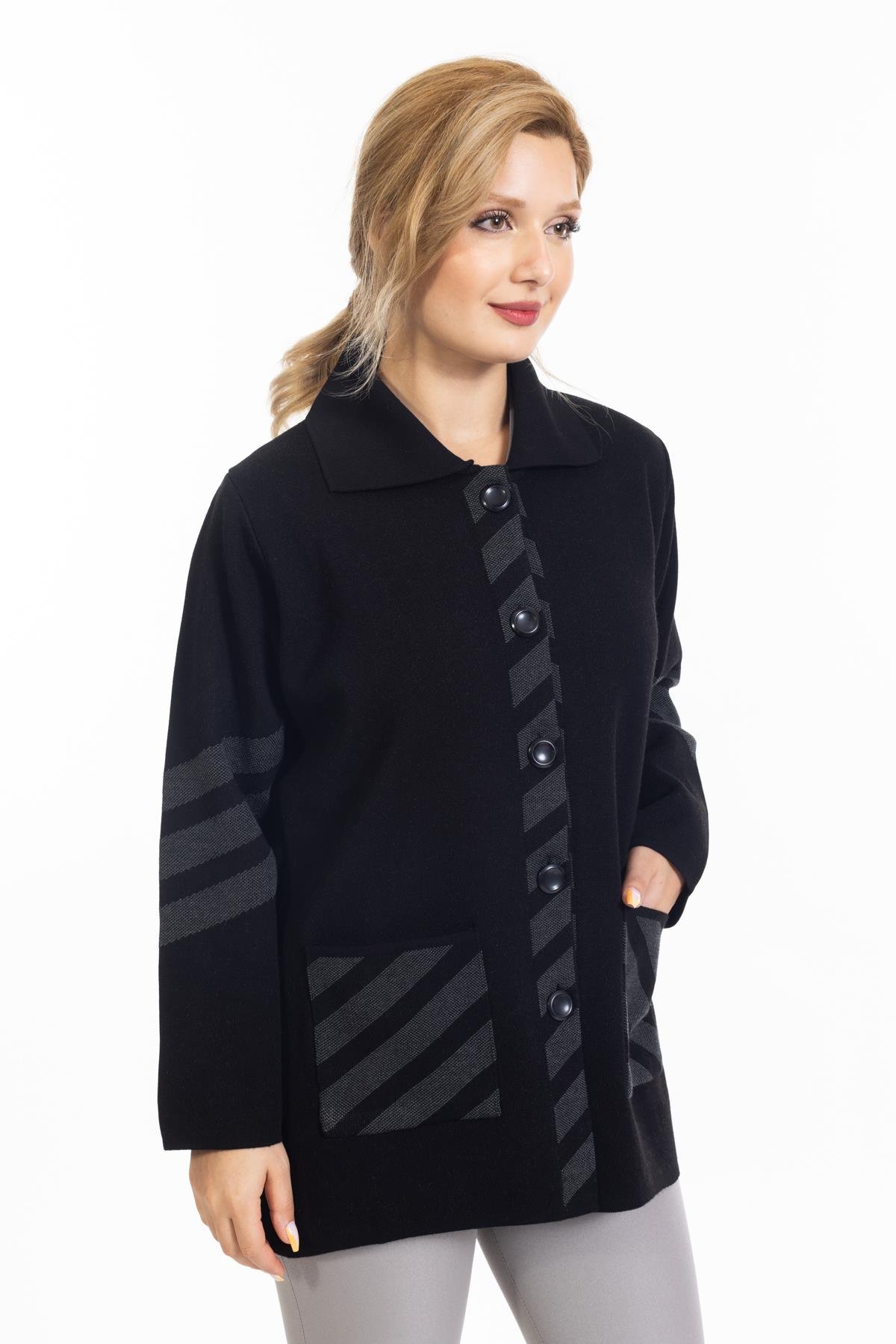 Kadın Orta Yaş ve Üzeri Triko Örgü Sıkı Dokuma Düğmeli Polo Yaka Anne Kışlık Hırka 8189