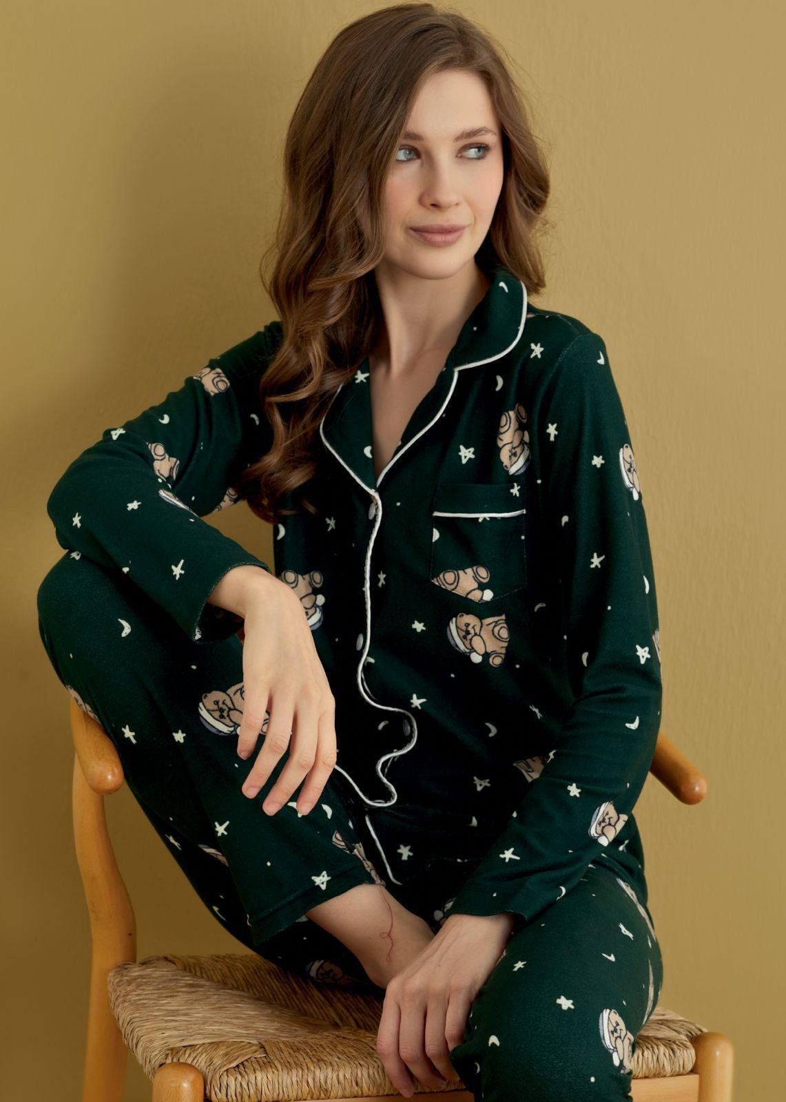 Kadın Soft Kumaş Düğmeli Gömlek Yaka Yüksek Kalite Pijama Takımı 3026
