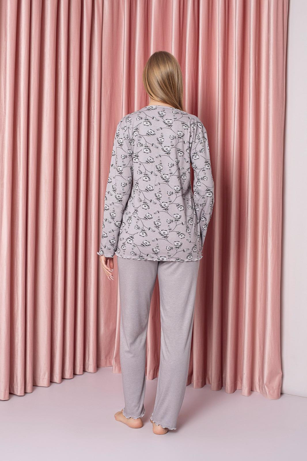 Kadın V Yaka Puantiye Desen Bambu İnterlok Anne Pijama Takımı P5046-Pembe