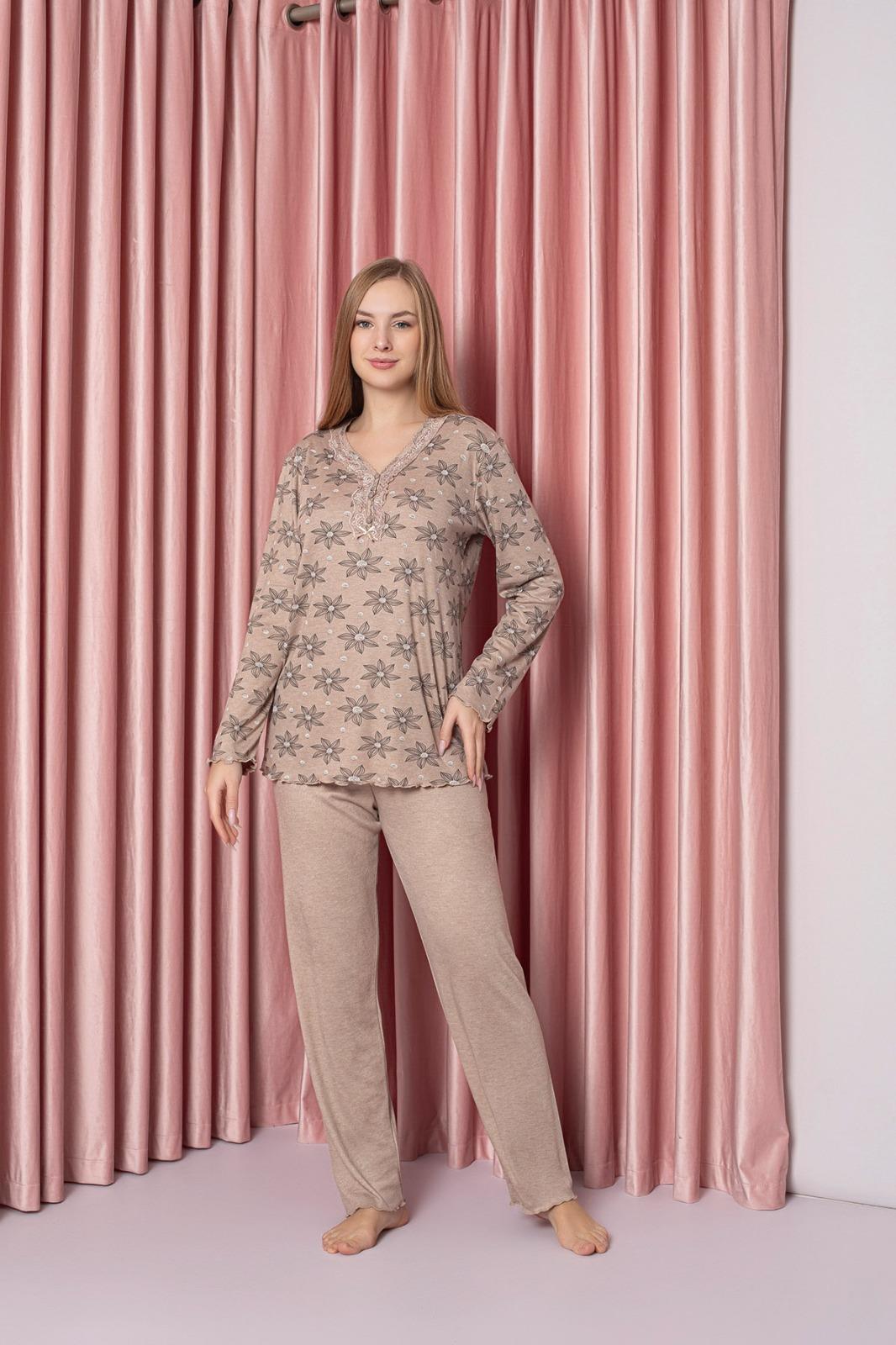 Kadın V Yaka Puantiye Desen Bambu İnterlok Anne Pijama Takımı P5046-Pembe