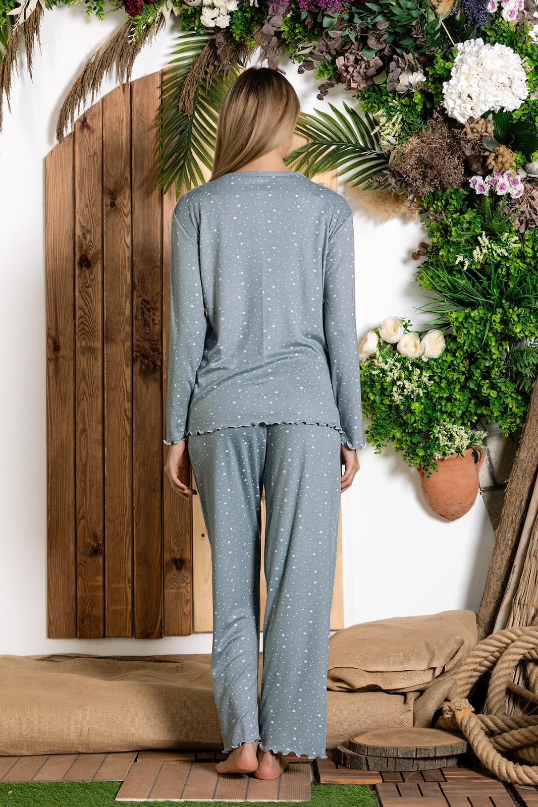 Kadın V Yaka Puantiye Desen Bambu İnterlok Anne Pijama Takımı P5046