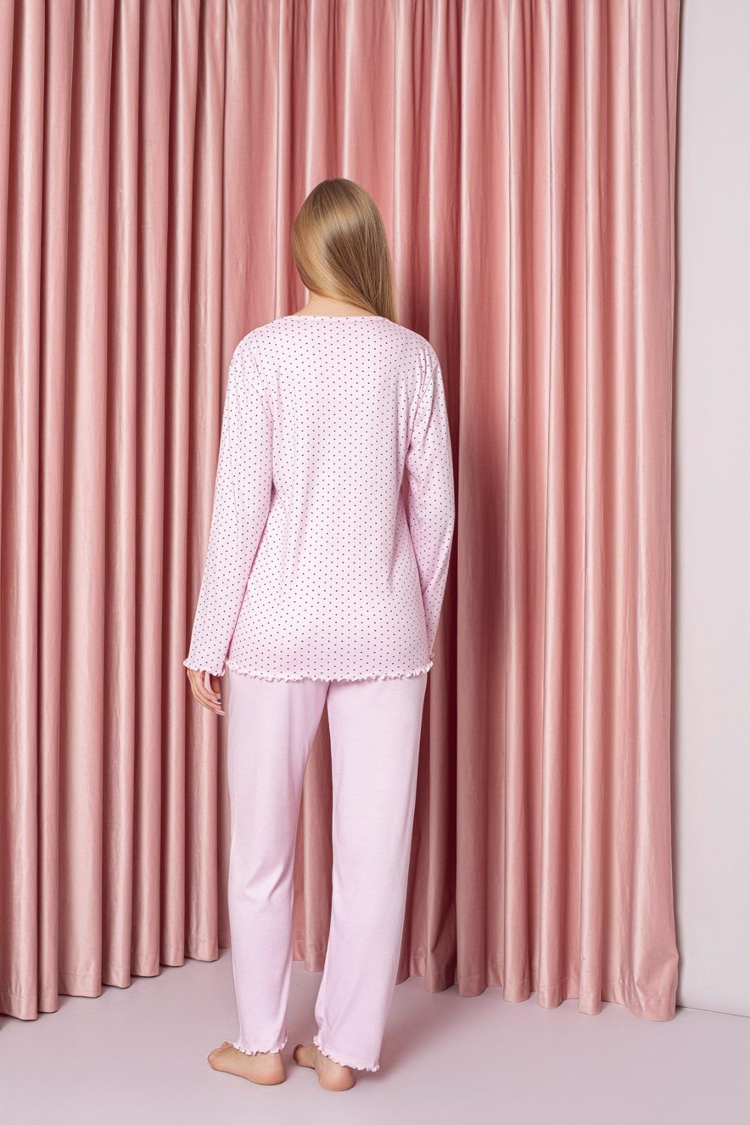 Kadın V Yaka Puantiye Desen Bambu İnterlok Anne Pijama Takımı P5046-Pembe