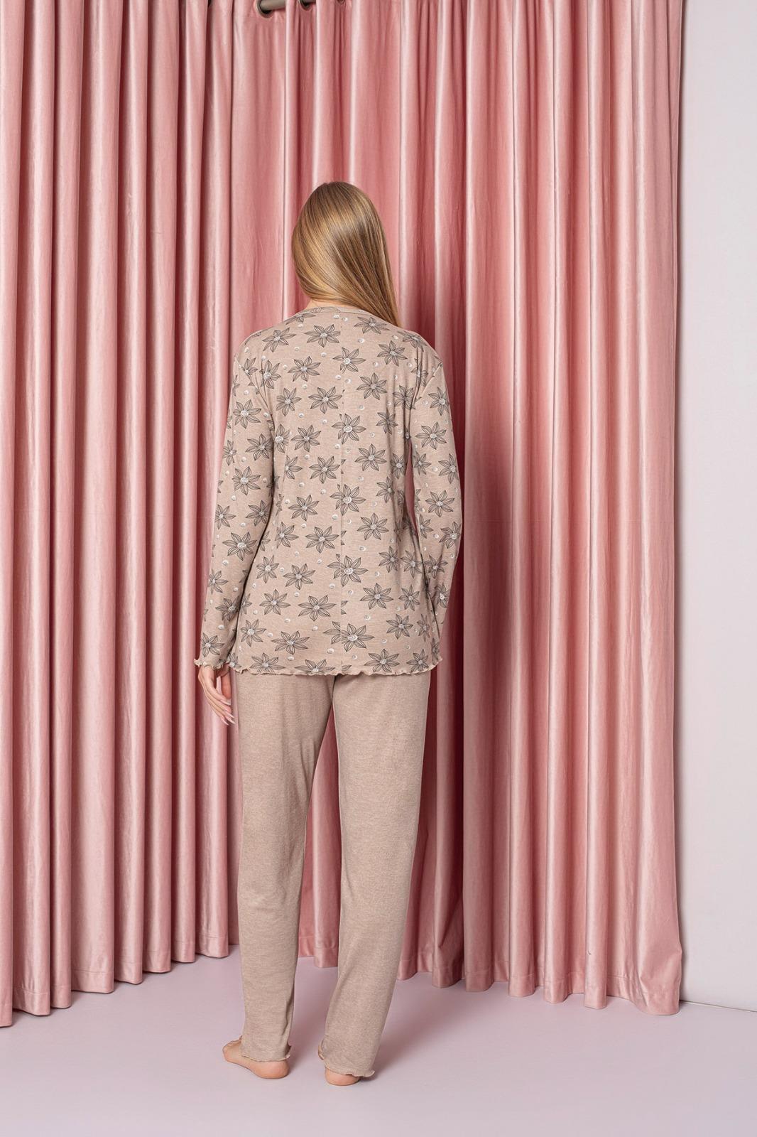 Kadın V Yaka Puantiye Desen Bambu İnterlok Anne Pijama Takımı P5046-Pembe