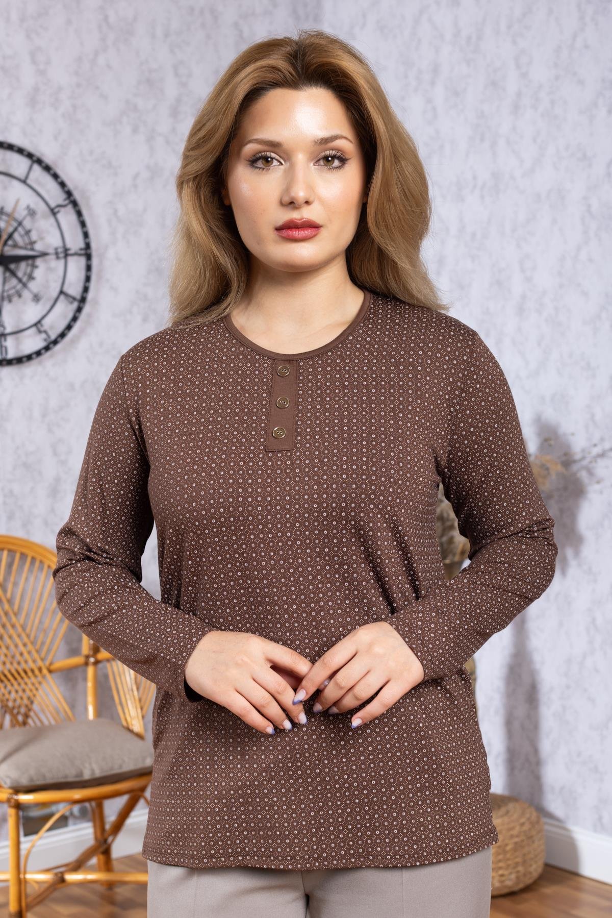 Kadın Yeni Model Yüksek Kalite Yuvarlak Yaka Patlı Orta Yaş Anne Penye Bluz 6575