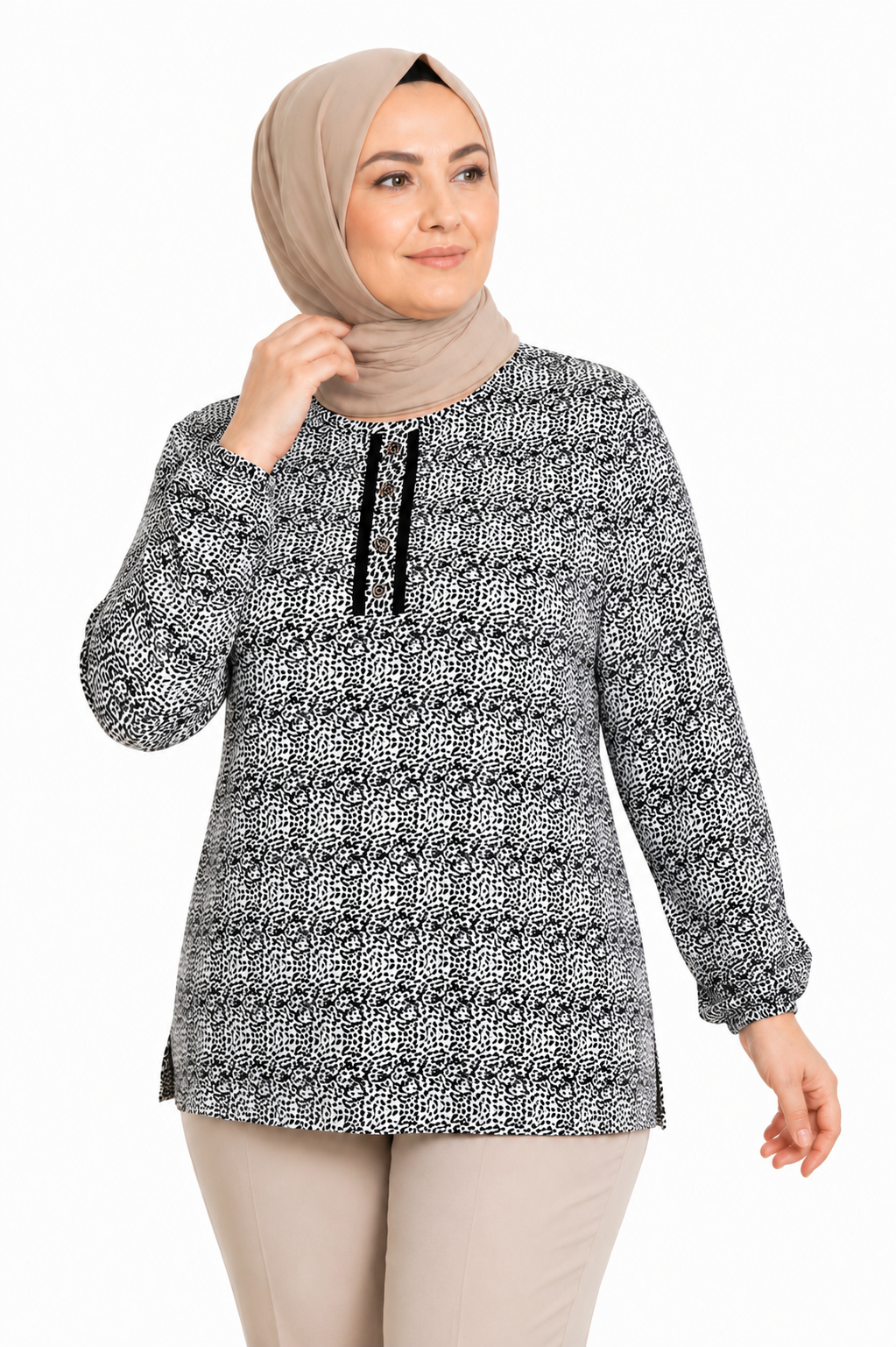 Kadın Yuvarlak Yaka Desenli Orta Yaş Anne Penye Bluz 6548