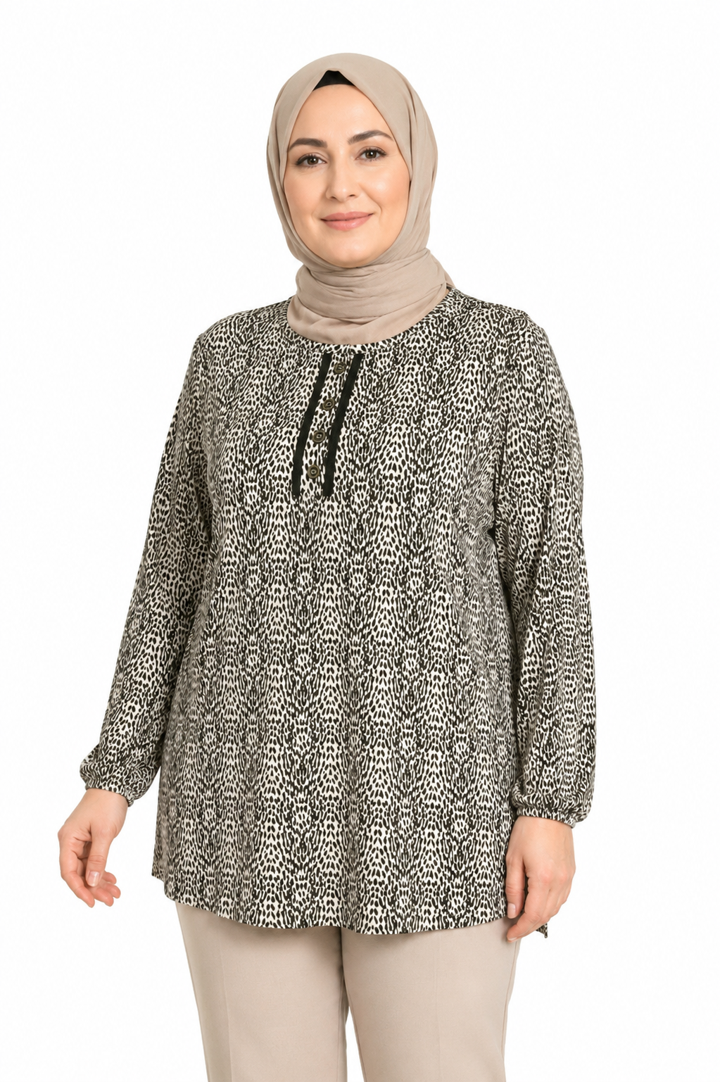 Kadın Yuvarlak Yaka Desenli Orta Yaş Anne Penye Bluz 6548