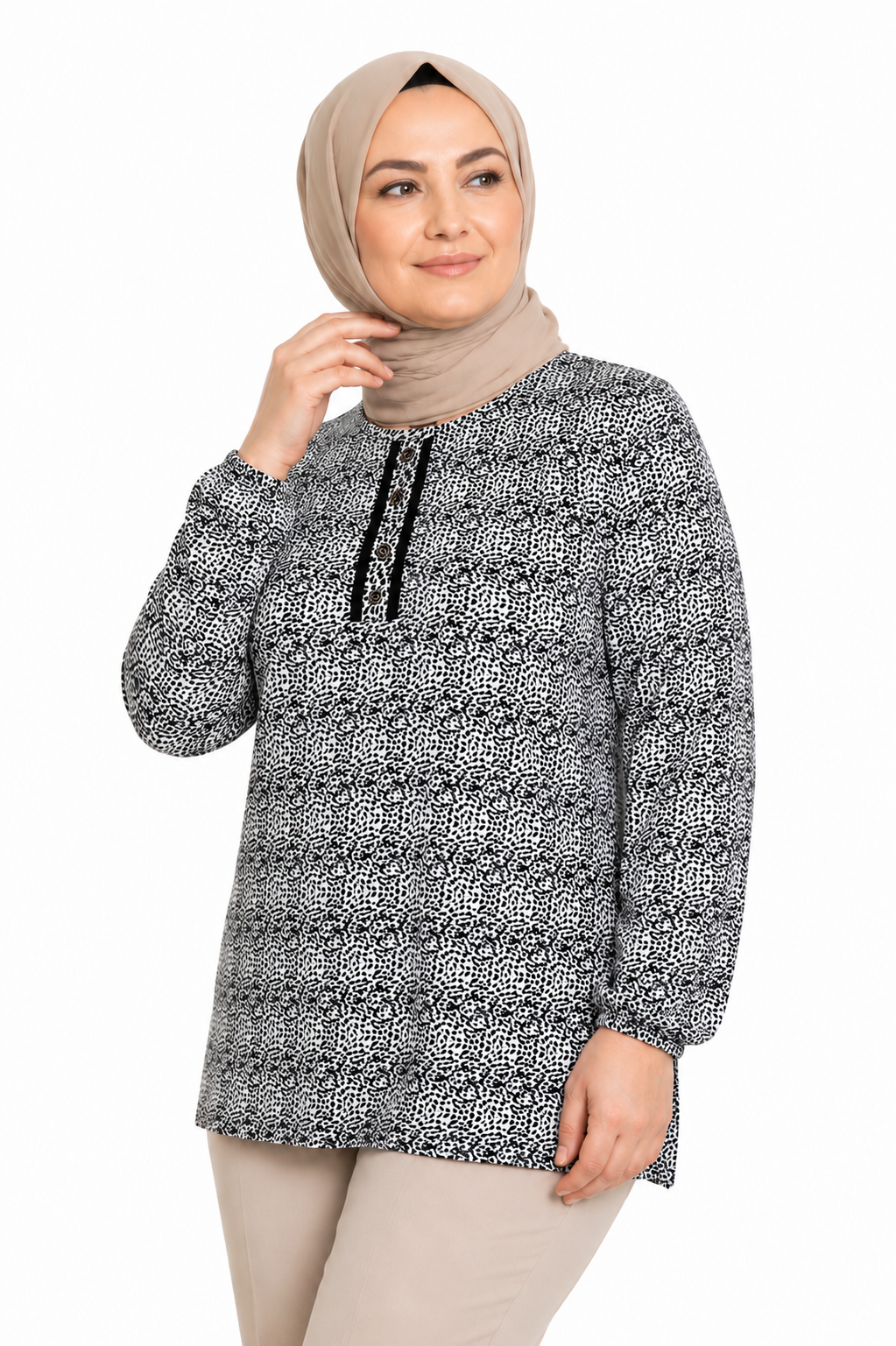 Kadın Yuvarlak Yaka Desenli Orta Yaş Anne Penye Bluz 6548