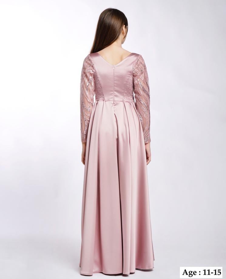 Kız Çocuk/Genç Yeni Moda Tafta Kumaş Uzun Kollu Tam Kalıp Abiye Elbise 5799