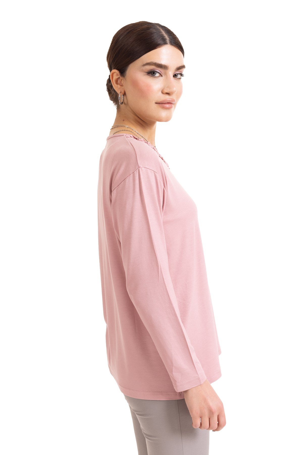 Yeni Sezon 2023 Kadın Orta Yaş ve Üzeri Uzun Kollu Yaka Desenli Likralı Anne Penye Bluz 6390