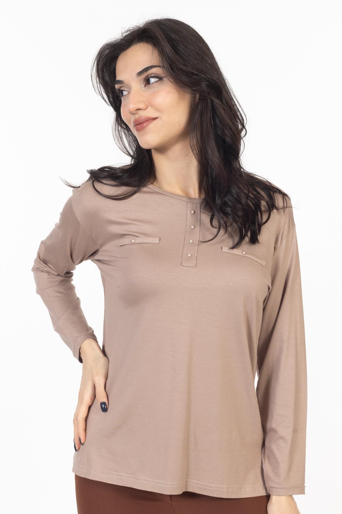 Yeni Sezon 2024 Süs Cep Desenli Yuvarlak Yaka Likralı Düz Renk Anne Penye Bluz 6475