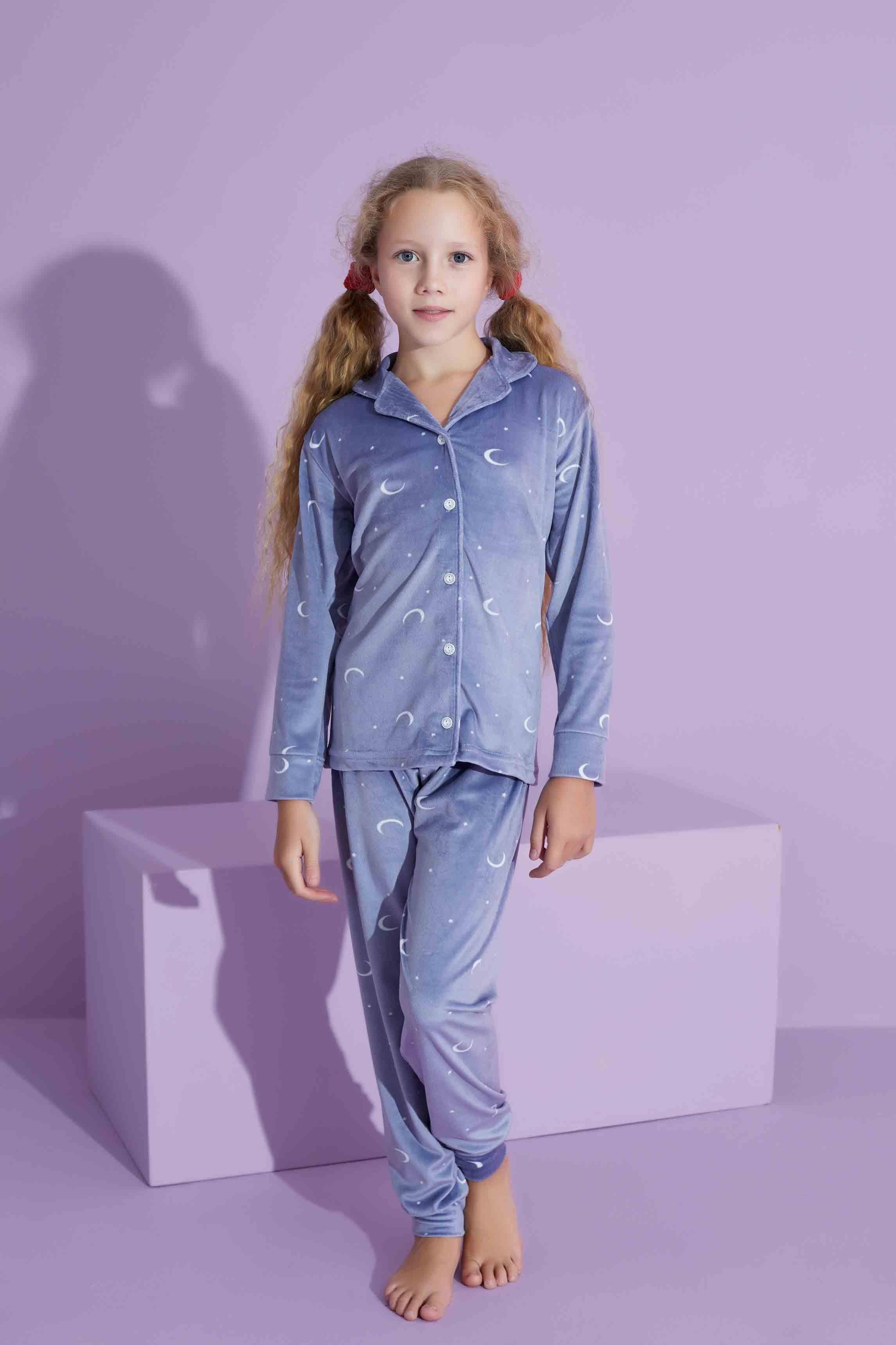 Yeni Sezon Ay Desenli Trend Model Kadife Düğmeli Anne/Kız Çocuk Pijama Takımı 2800-Gri