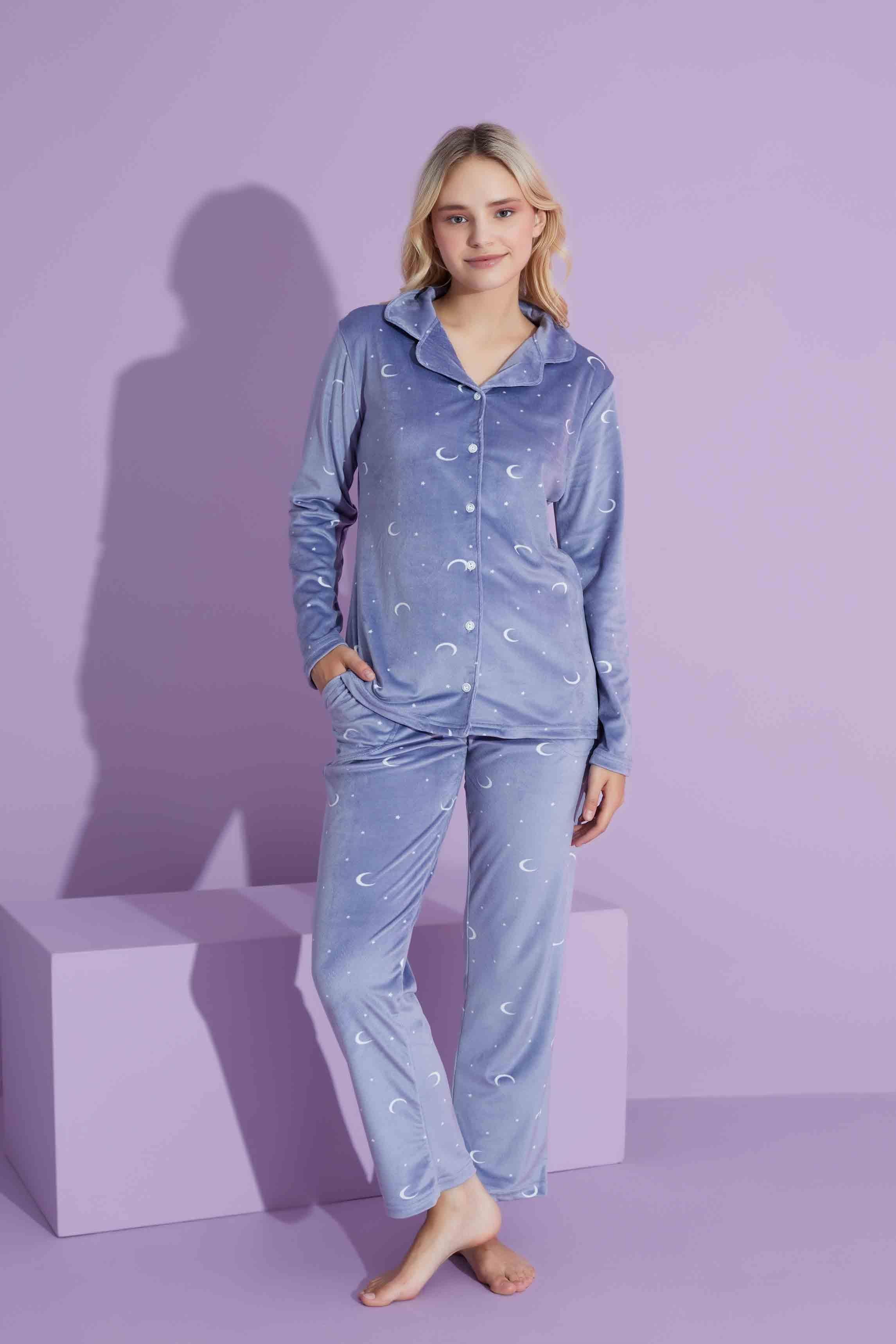 Yeni Sezon Ay Desenli Trend Model Kadife Düğmeli Anne/Kız Çocuk Pijama Takımı 2800-Gri
