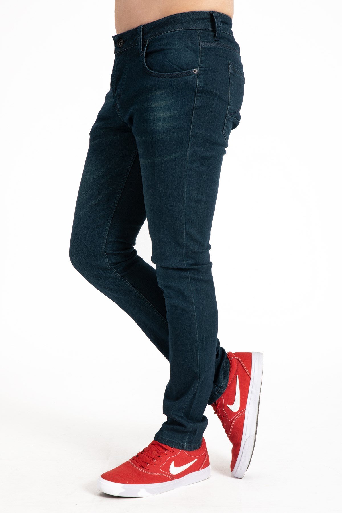 Yeni Sezon Denim Erkek Likralı Slim Fit Dar Paça Düğmeli Jean Kot Pantolon 4383-Renk Petrol Mavisi