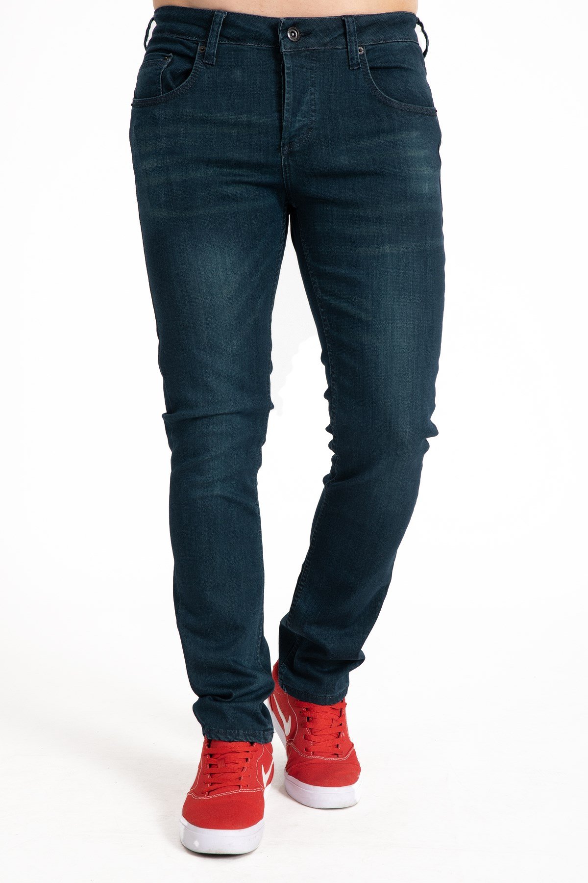 Yeni Sezon Denim Erkek Likralı Slim Fit Dar Paça Düğmeli Jean Kot Pantolon 4383-Renk Petrol Mavisi