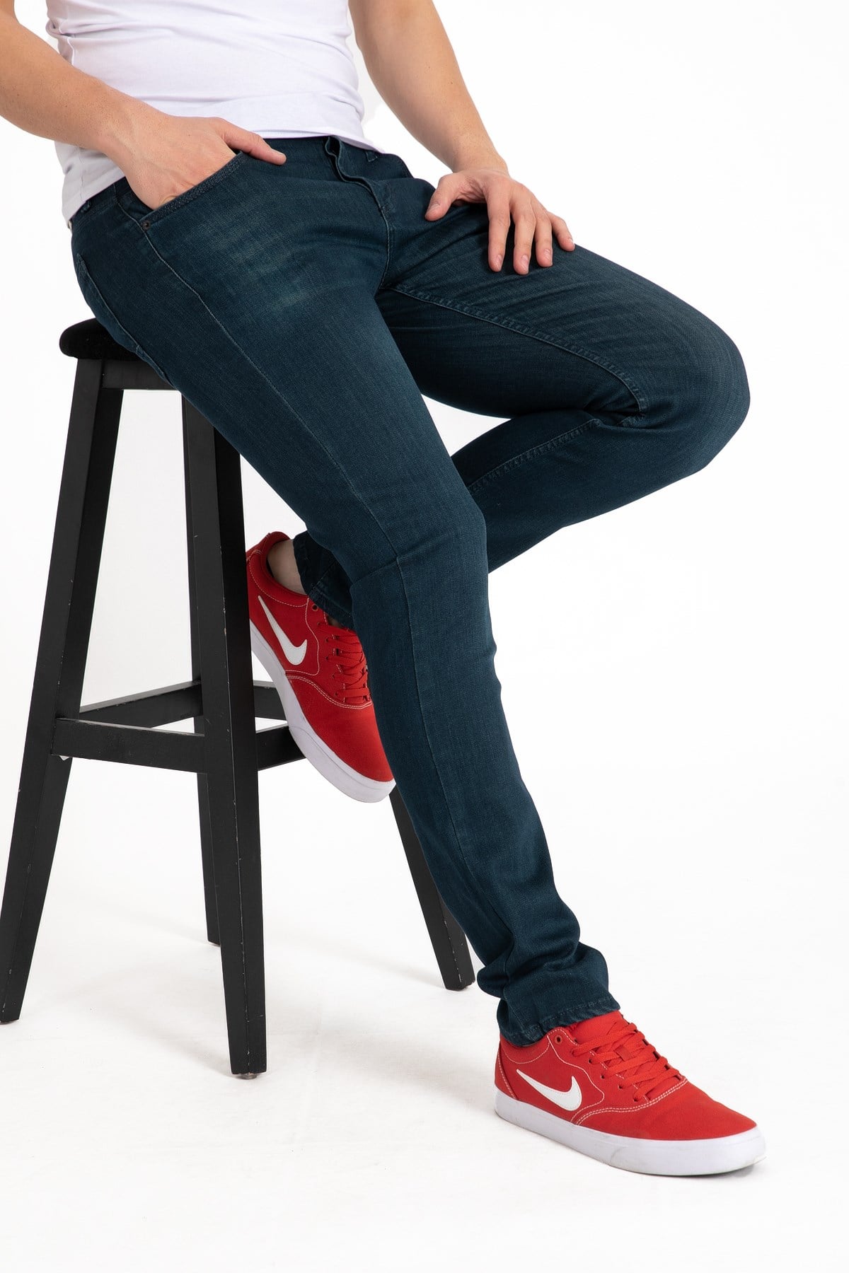 Yeni Sezon Denim Erkek Likralı Slim Fit Dar Paça Düğmeli Jean Kot Pantolon 4383-Renk Petrol Mavisi