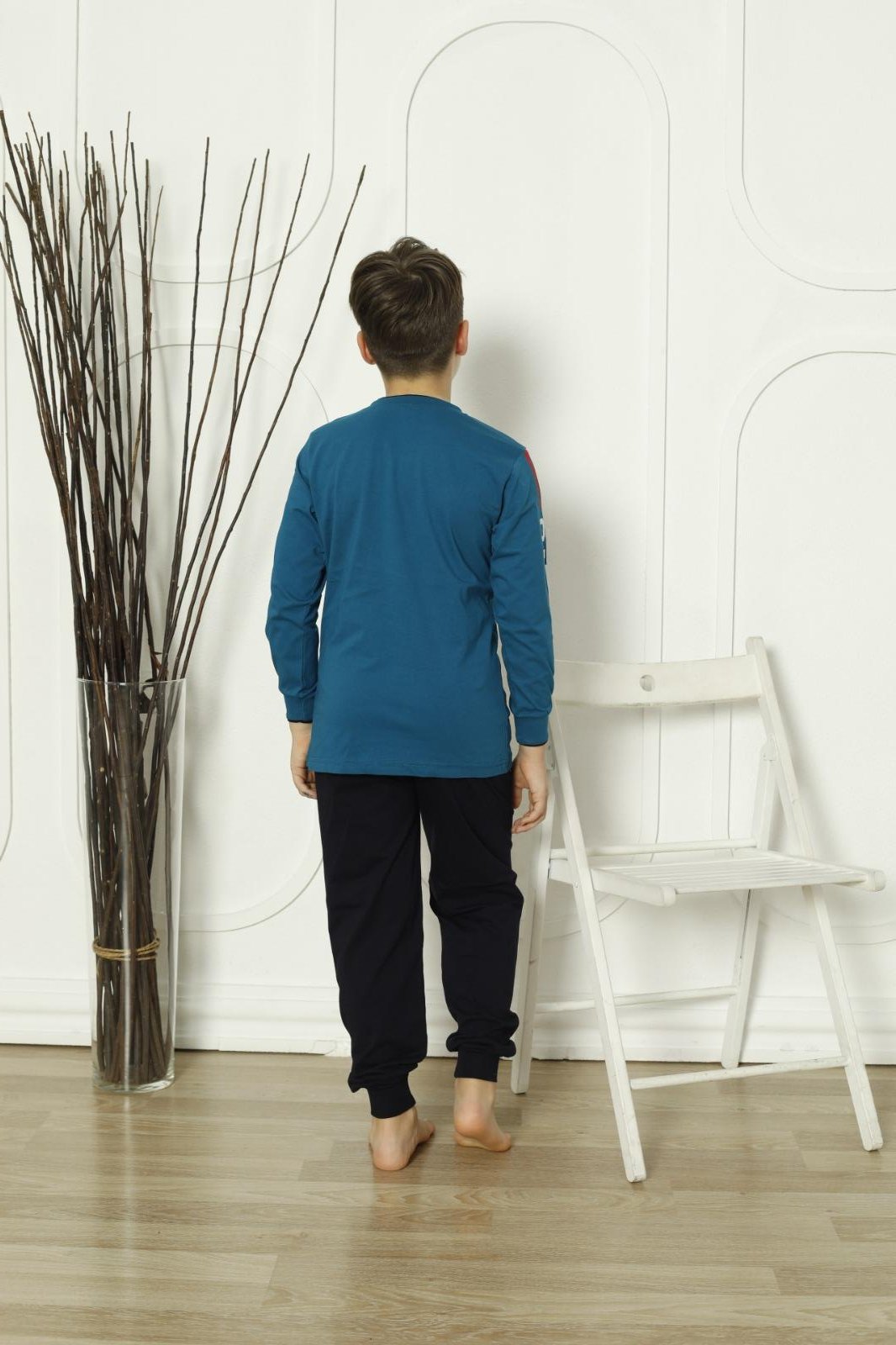 Yeni Sezon Erkek Çocuk Gez Garson Uzun Kollu Pamuk Penye Pijama Takımı 5084