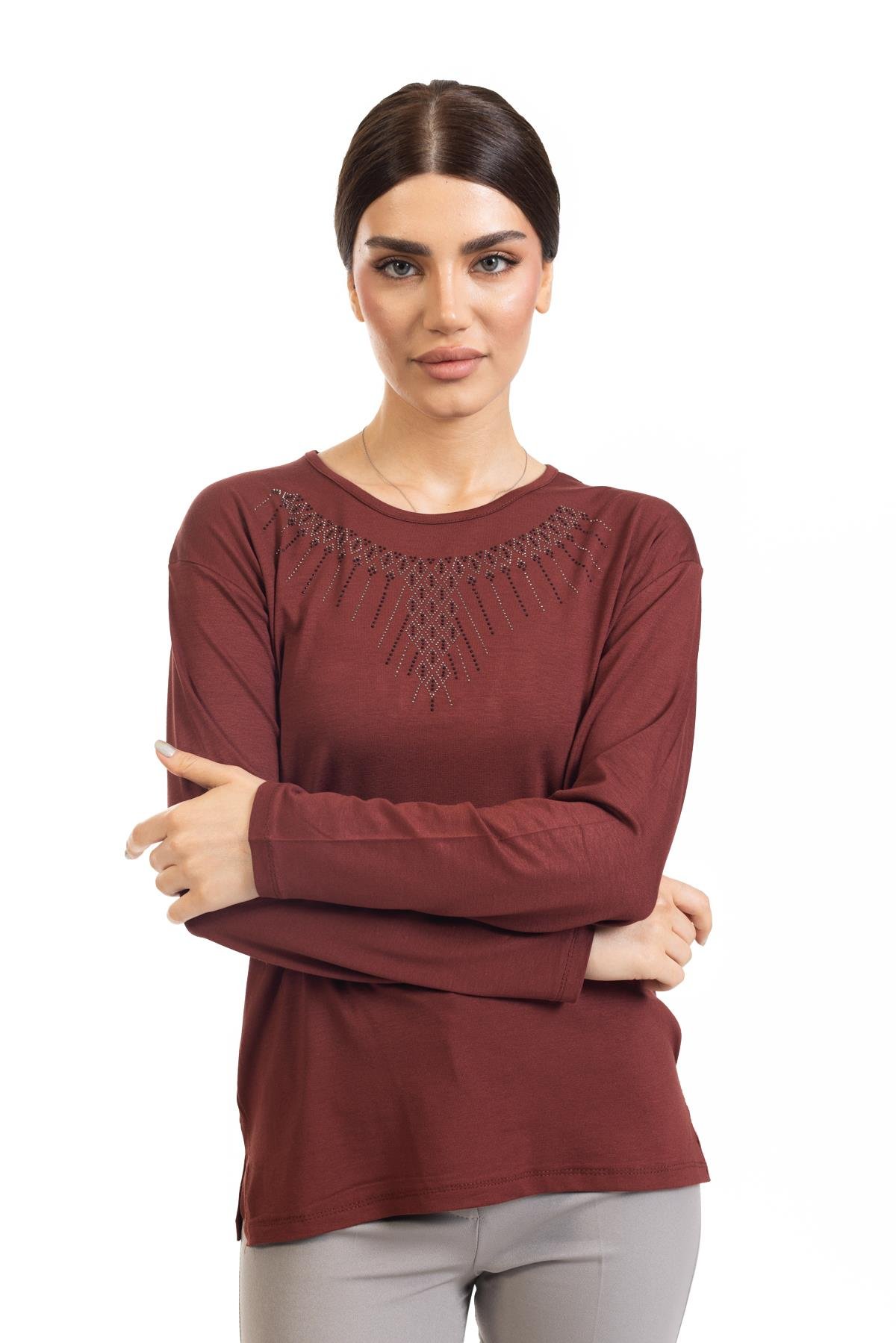 Yeni Sezon Kadın Orta Yaş ve Üzeri Uzun Kollu Taş İşlemeli Likralı Anne Penye Bluz 6318