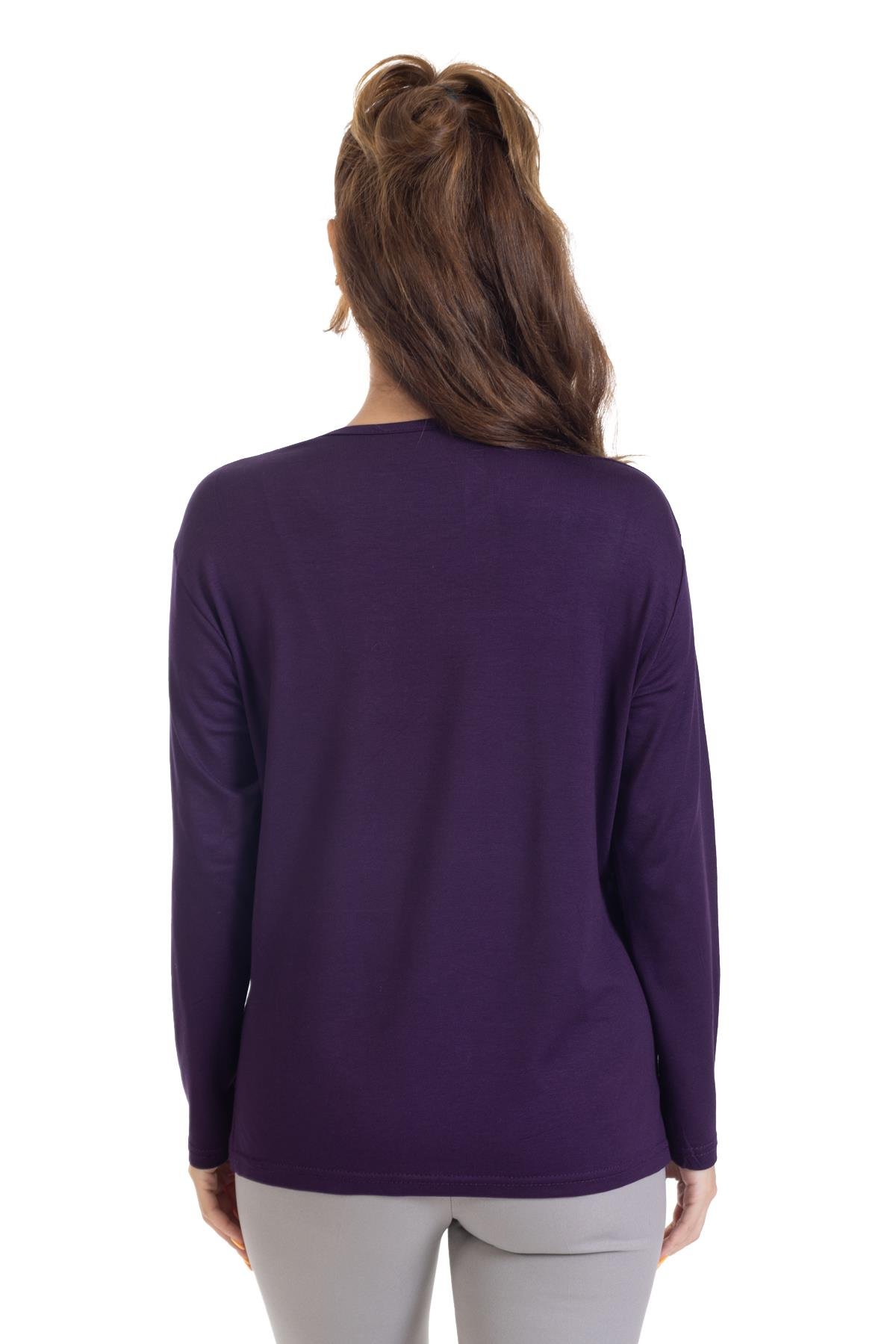 Yeni Sezon Kadın Orta Yaş ve Üzeri Uzun Kollu Nakış İşlemeli Likralı Anne Penye Bluz 6355