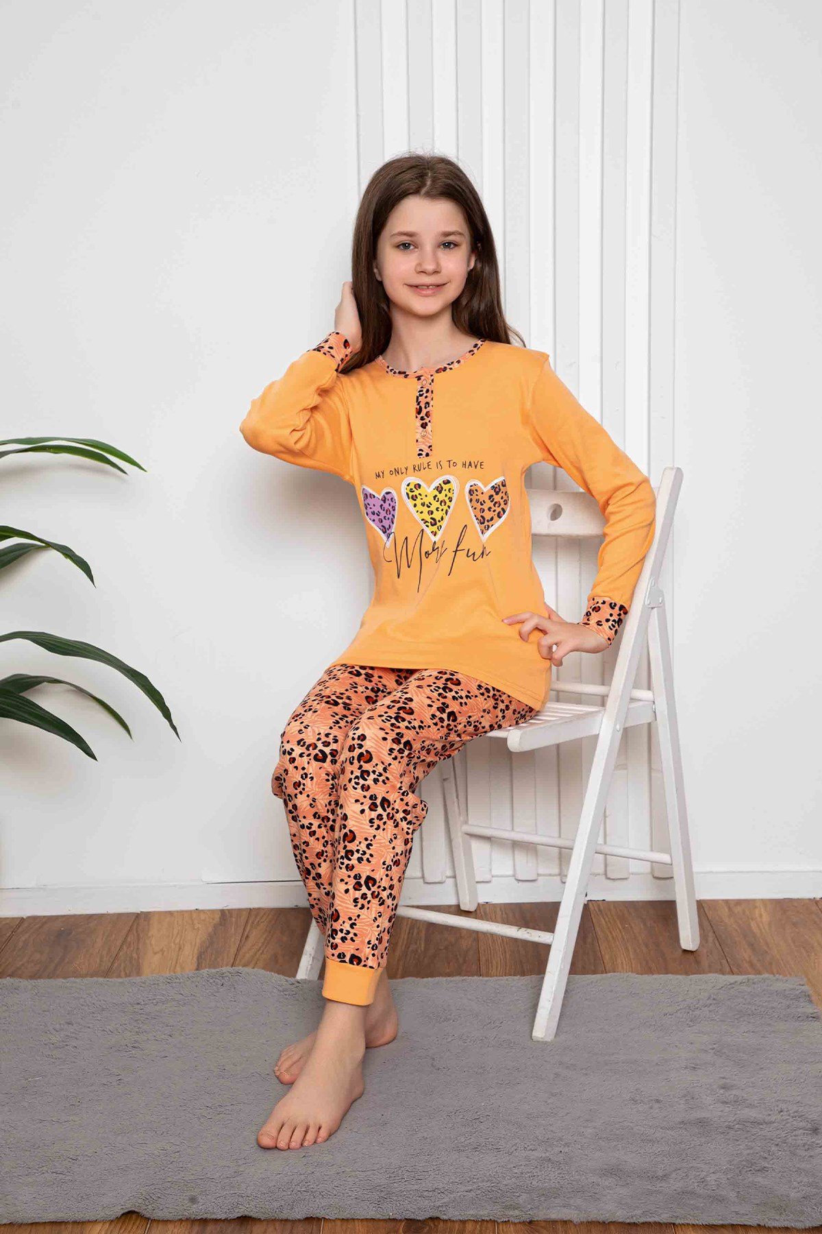 Yeni Sezon Kız Çocuk Gez Garson Uzun Kollu Mevsimlik Pamuklu Penye Pijama Takımı 2055