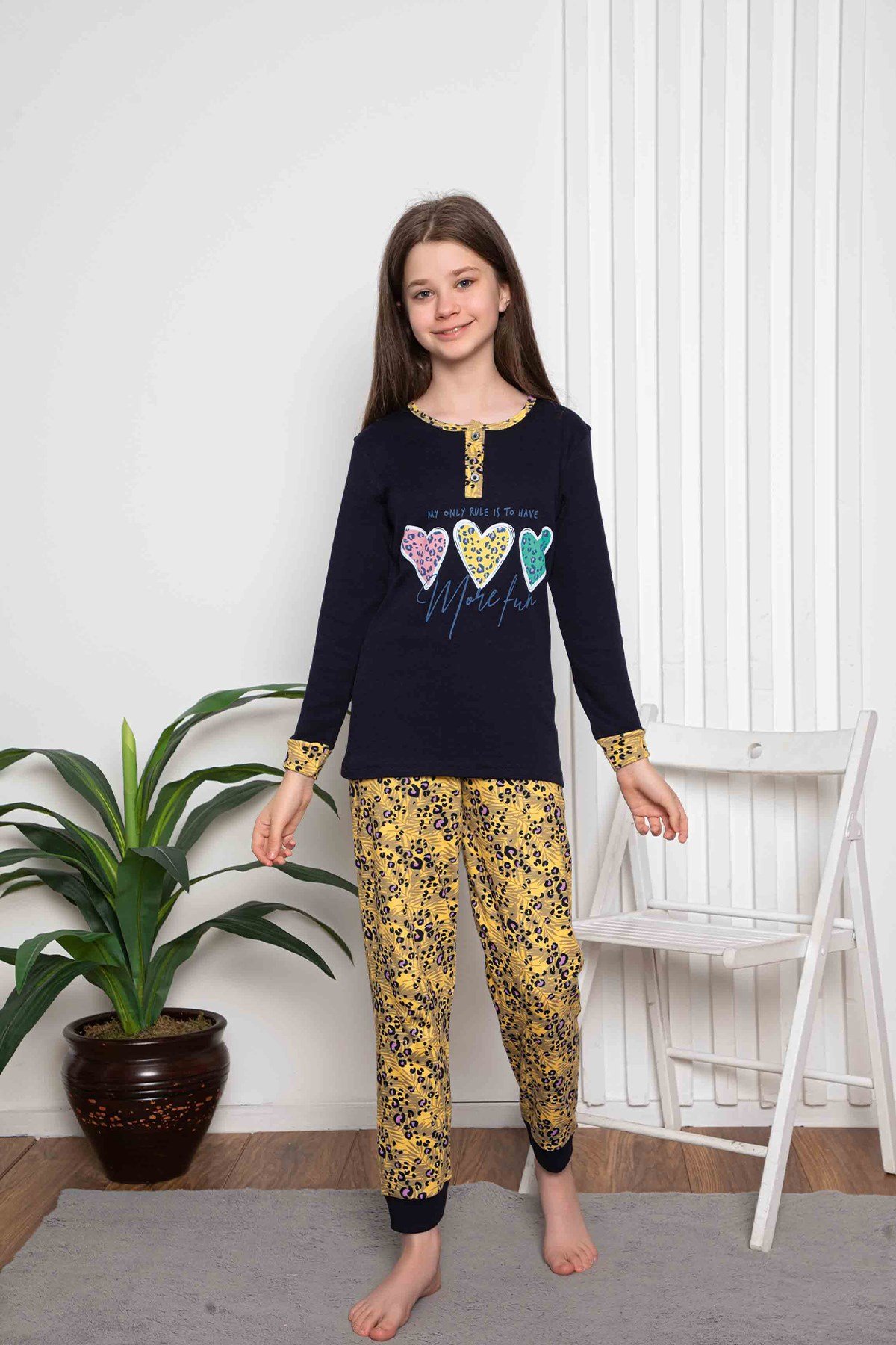Yeni Sezon Kız Çocuk Gez Garson Uzun Kollu Mevsimlik Pamuklu Penye Pijama Takımı 2055