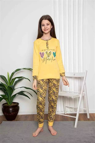 Yeni Sezon Kız Çocuk Gez Garson Uzun Kollu Mevsimlik Pamuklu Penye Pijama Takımı 2055