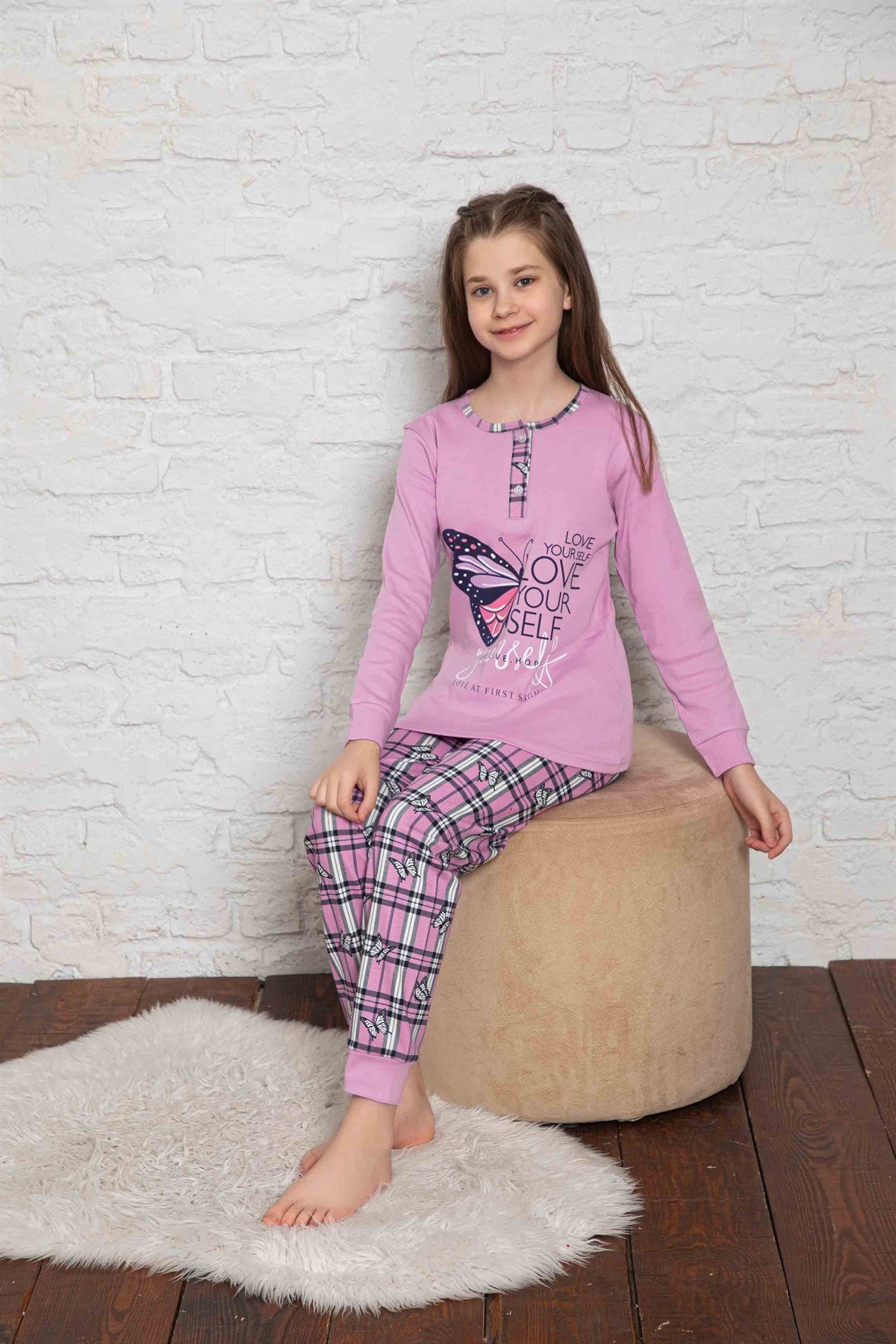 Yeni Sezon Kız Çocuk Gez Garson Uzun Kollu Mevsimlik Pamuklu Penye Pijama Takımı 2061