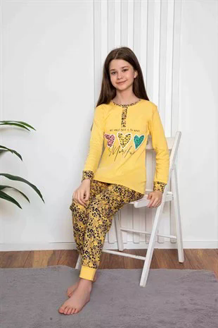Yeni Sezon Kız Çocuk Gez Garson Uzun Kollu Mevsimlik Pamuklu Penye Pijama Takımı 2055