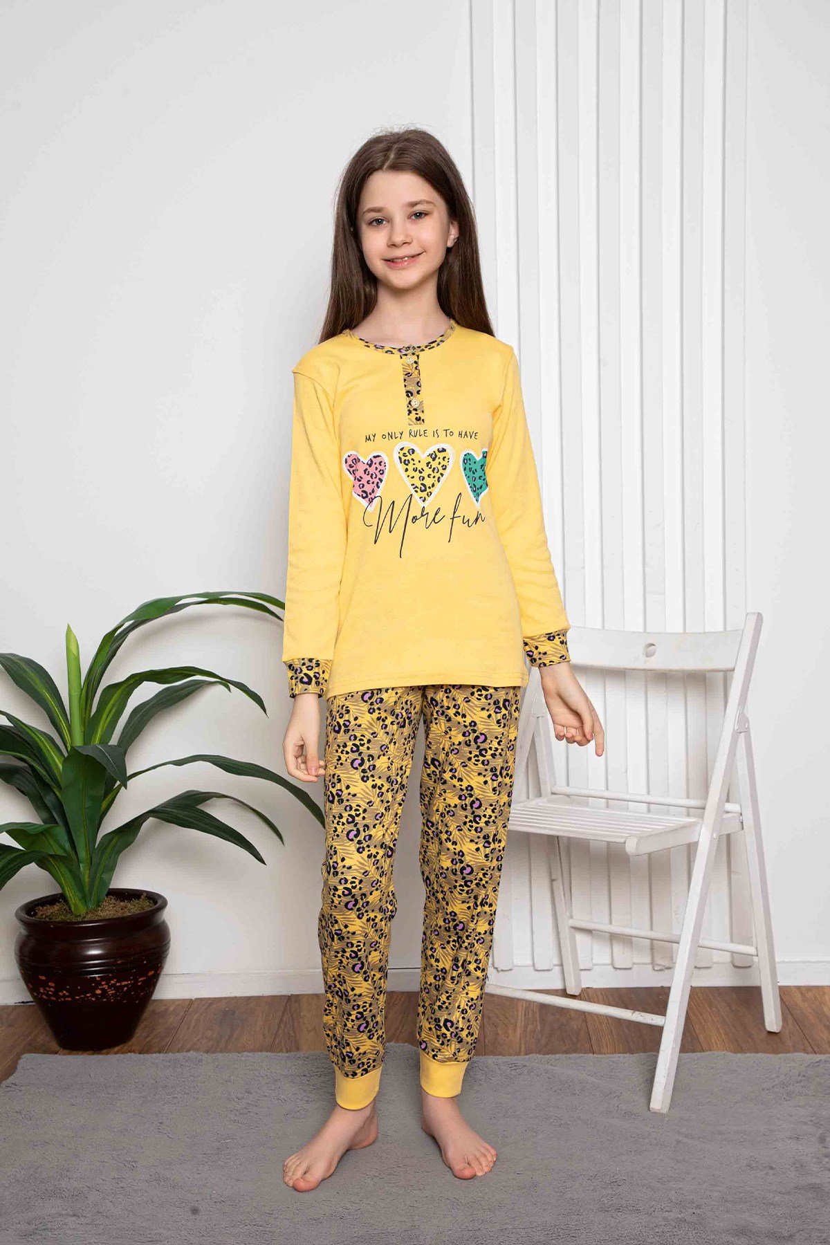 Yeni Sezon Kız Çocuk Gez Garson Uzun Kollu Mevsimlik Pamuklu Penye Pijama Takımı 2055