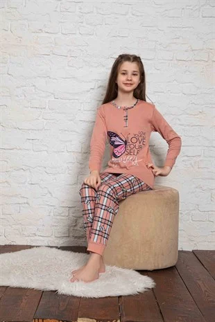 Yeni Sezon Kız Çocuk Gez Garson Uzun Kollu Mevsimlik Pamuklu Penye Pijama Takımı 2061