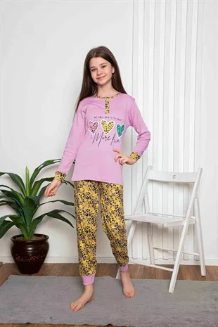Yeni Sezon Kız Çocuk Gez Garson Uzun Kollu Mevsimlik Pamuklu Penye Pijama Takımı 2055