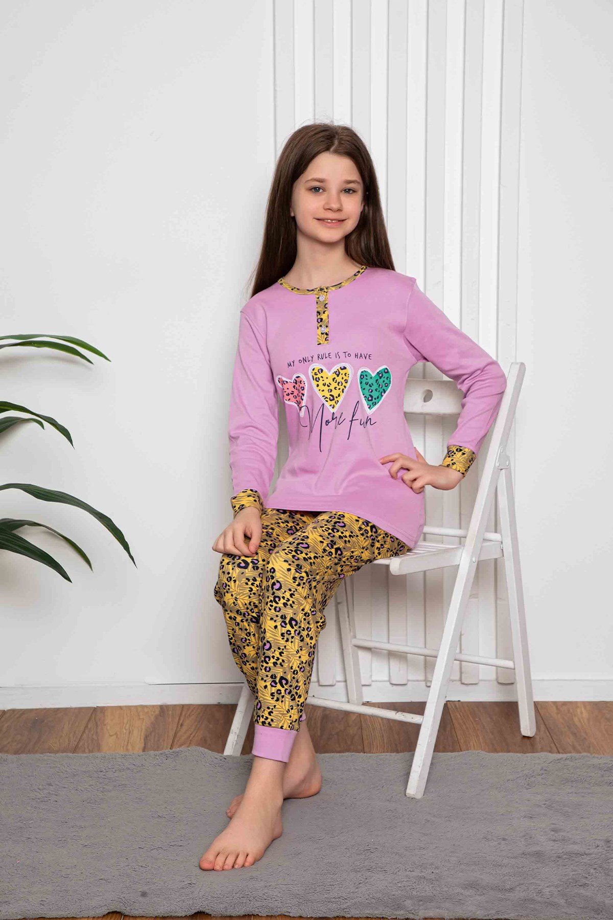 Yeni Sezon Kız Çocuk Gez Garson Uzun Kollu Mevsimlik Pamuklu Penye Pijama Takımı 2055