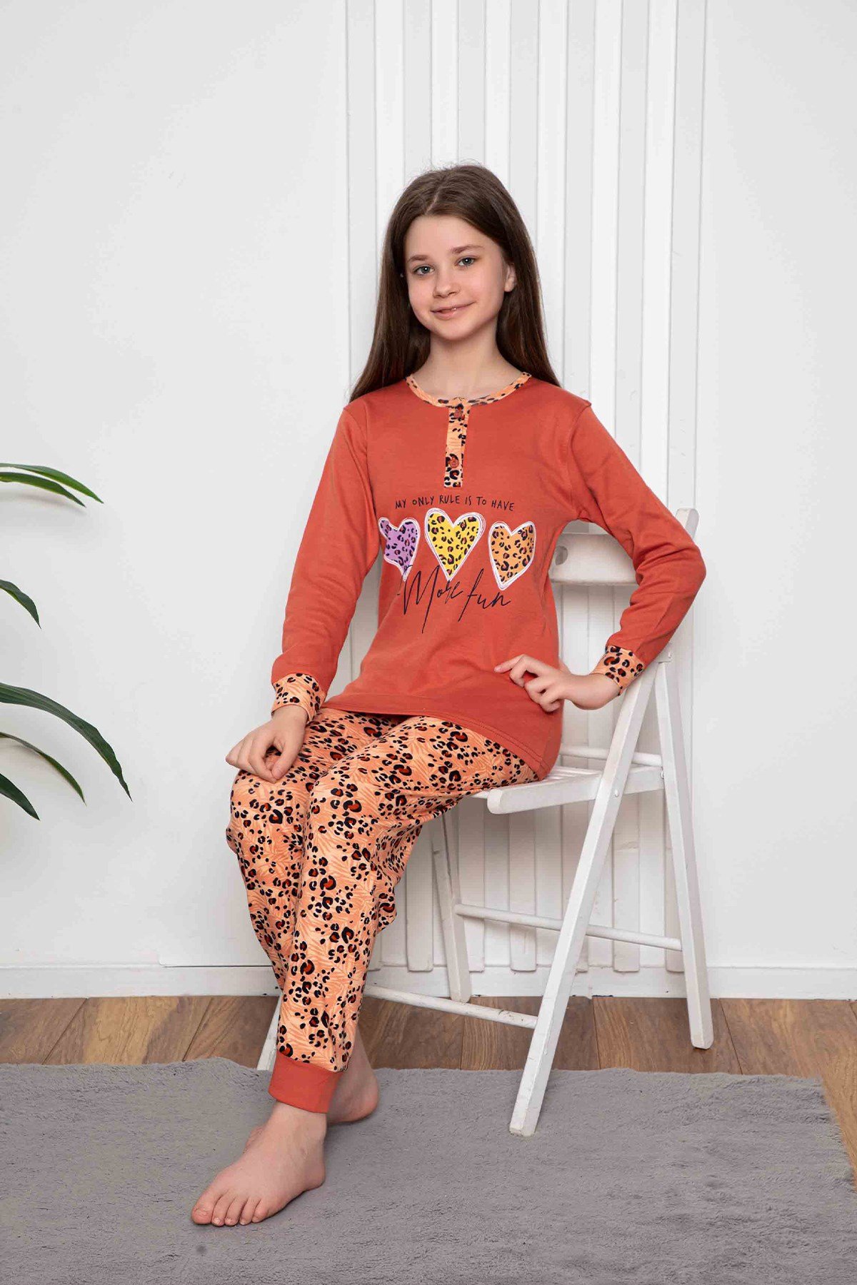 Yeni Sezon Kız Çocuk Gez Garson Uzun Kollu Mevsimlik Pamuklu Penye Pijama Takımı 2055