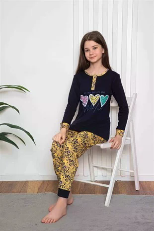 Yeni Sezon Kız Çocuk Gez Garson Uzun Kollu Mevsimlik Pamuklu Penye Pijama Takımı 2055