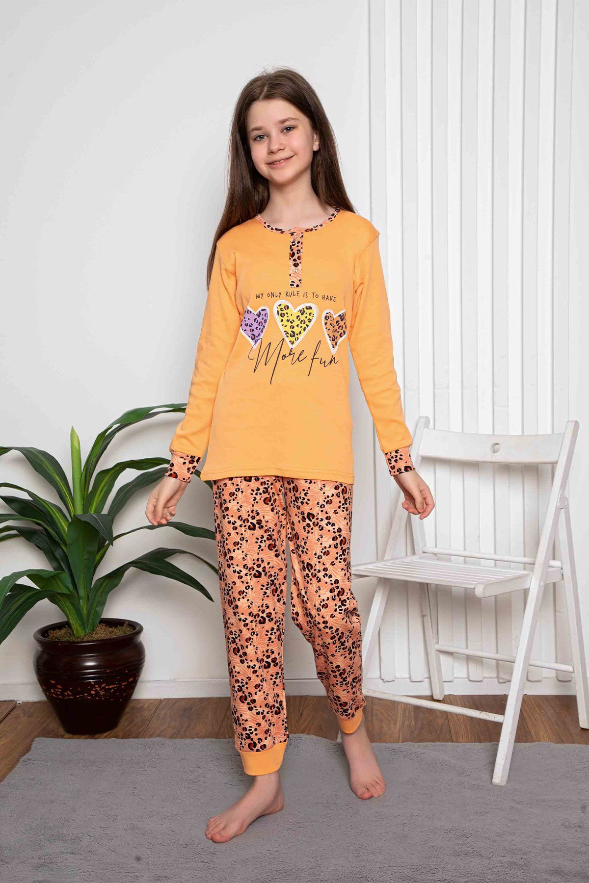 Yeni Sezon Kız Çocuk Gez Garson Uzun Kollu Mevsimlik Pamuklu Penye Pijama Takımı 2055