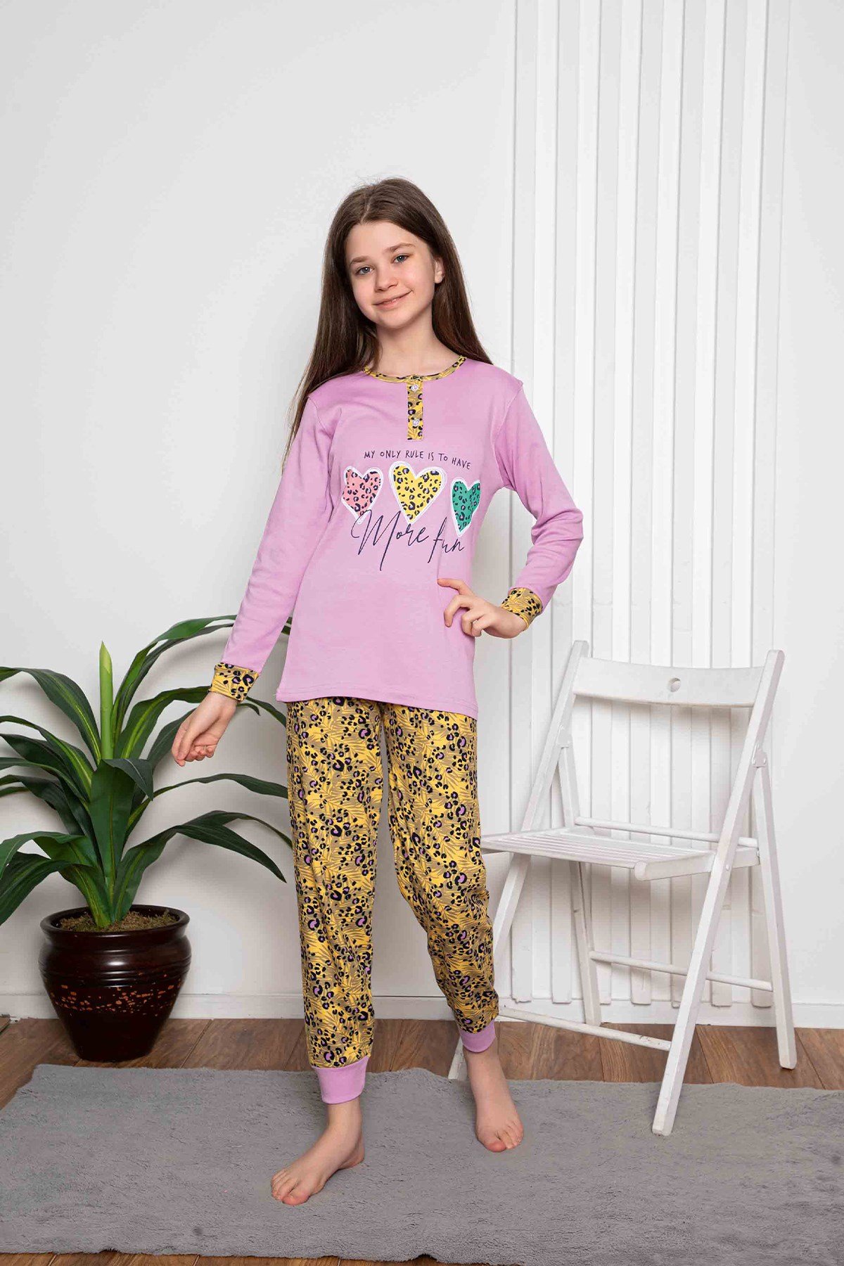 Yeni Sezon Kız Çocuk Gez Garson Uzun Kollu Mevsimlik Pamuklu Penye Pijama Takımı 2055