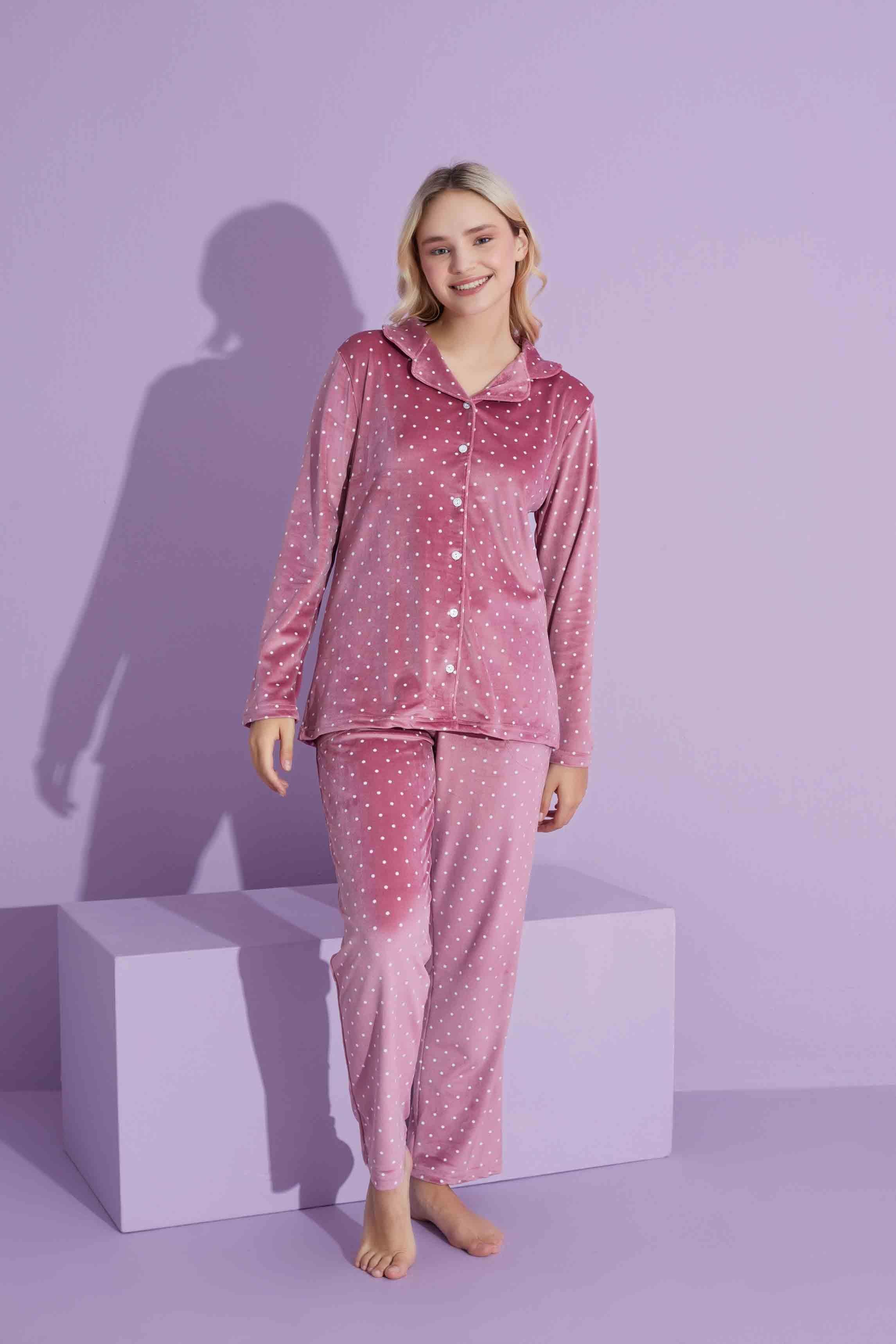 Yeni Sezon Puantiye Desenli Trend Model Kadife Anne/Kız Çocuk Pijama Takımı 2800-Pudra Puantiye