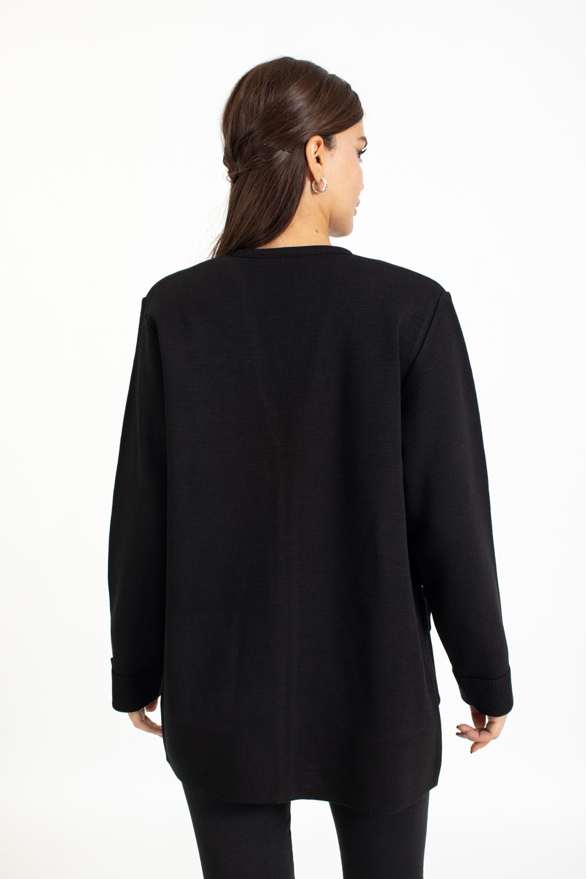 Yeni Sezon Sonbahar/Kış 2022/23 Kadın Çelik Örgü Düğmesiz Triko Örgü Anne Kışlık Hırka 7451-Siyah