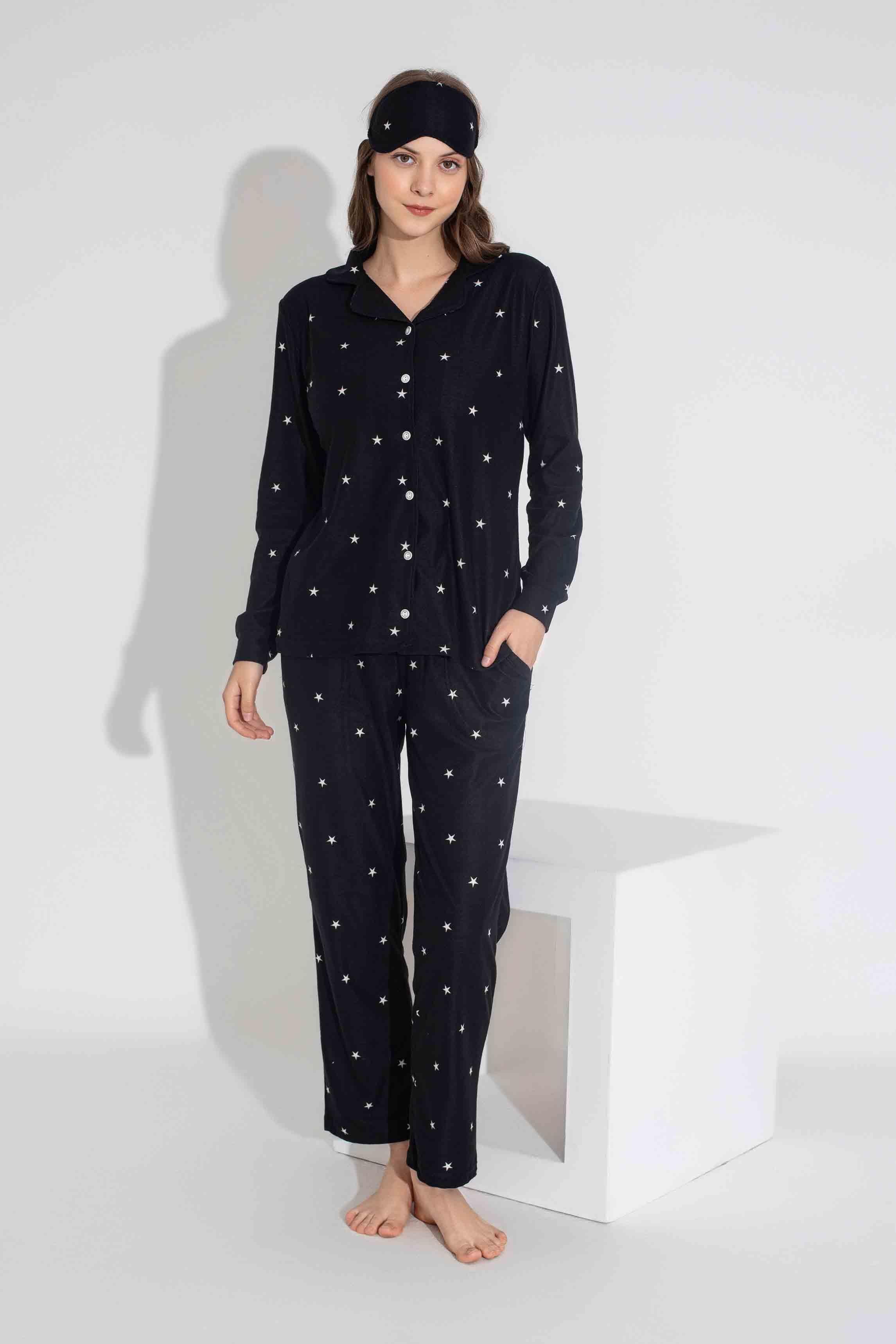 Yeni Sezon Sonbahar/Kış Anne / Kız Çocuk Yıldız Desenli Süet Pijama Takımı 2724-10 Siyah Yıldız