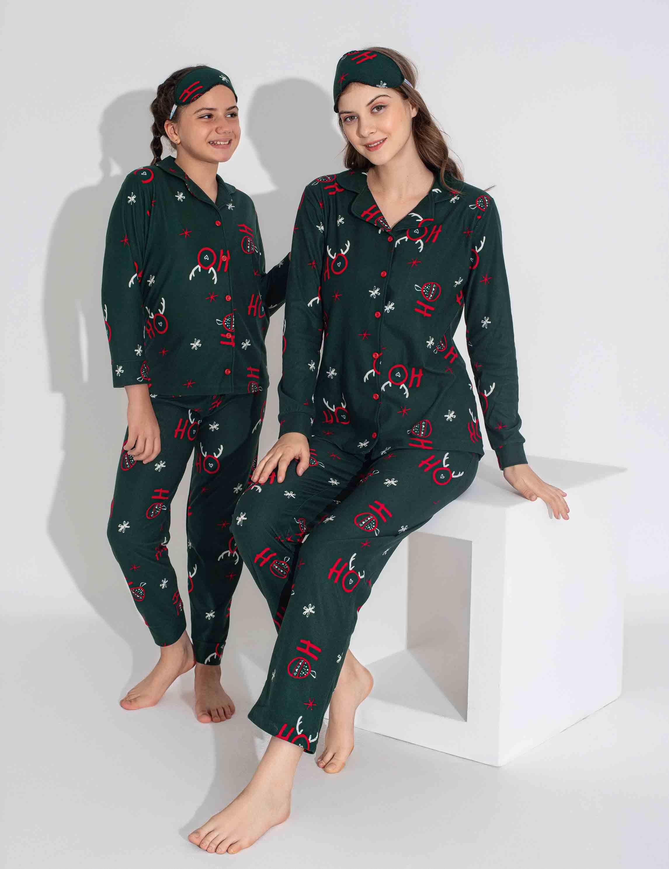 Yeni Sezon Sonbahar/Kış Anne / Kız Çocuk Geyik Desenli Süet Pijama Takımı 2724-11 Zümrüt Yeşili