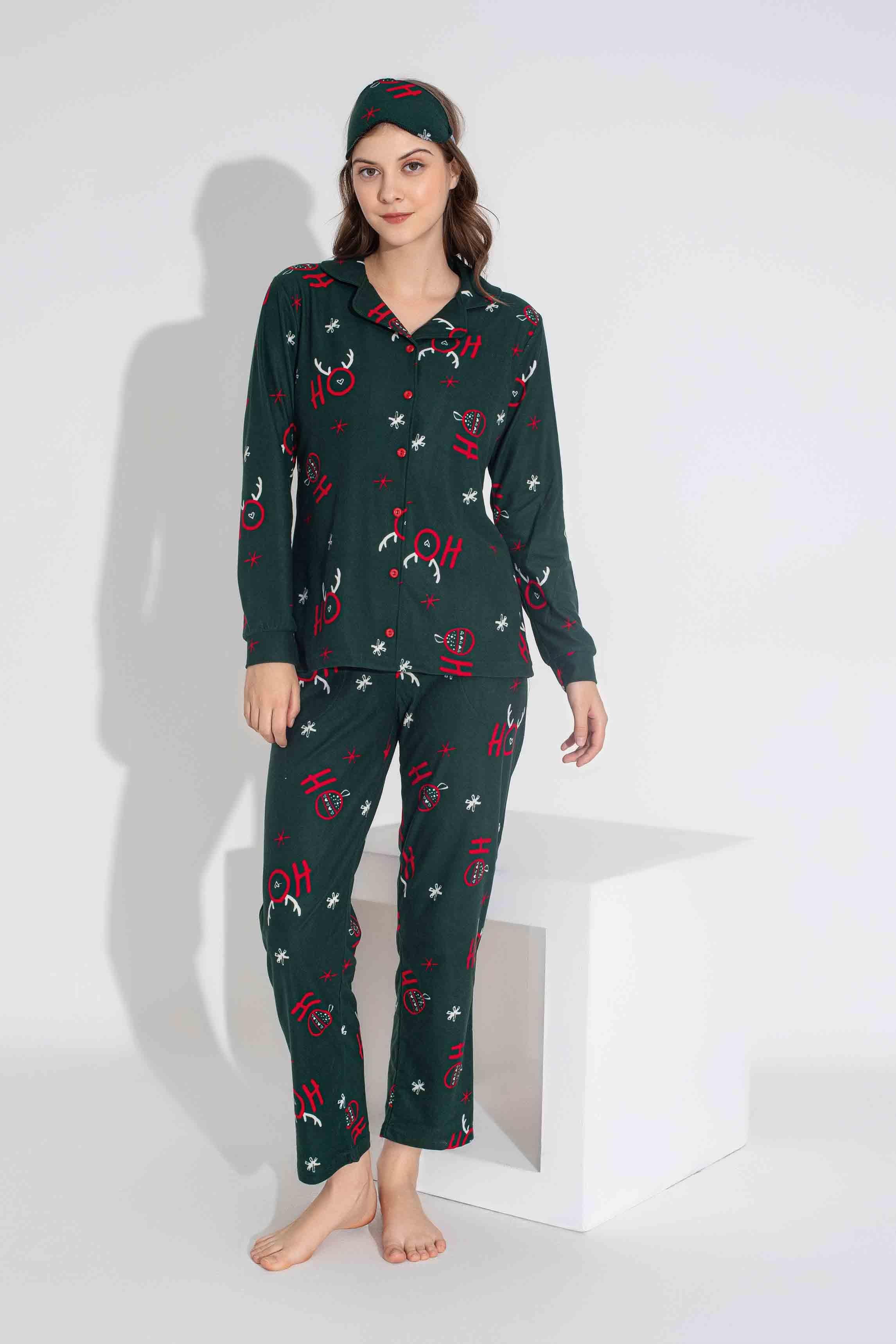 Yeni Sezon Sonbahar/Kış Anne / Kız Çocuk Geyik Desenli Süet Pijama Takımı 2724-11 Zümrüt Yeşili