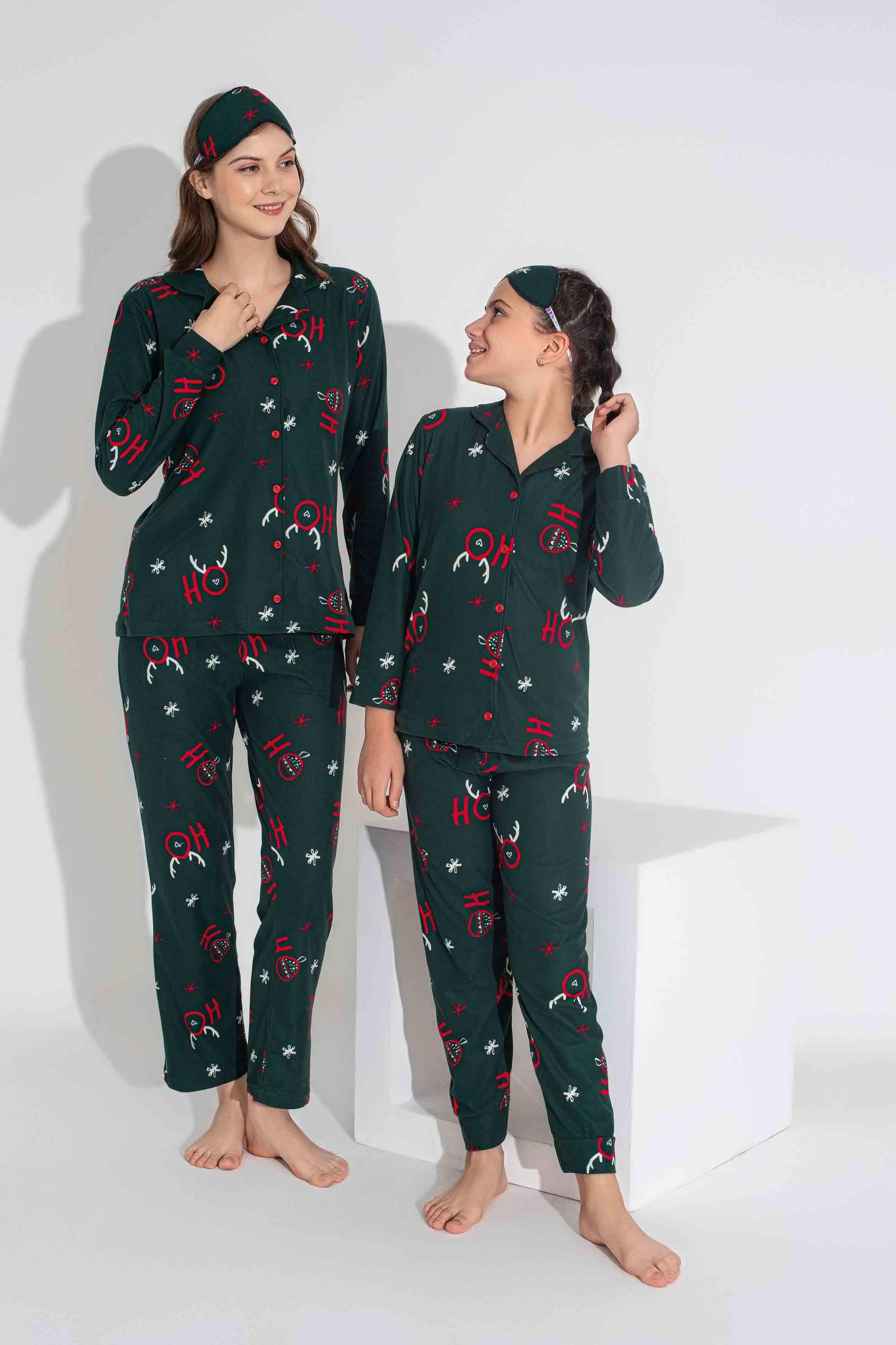 Yeni Sezon Sonbahar/Kış Anne / Kız Çocuk Geyik Desenli Süet Pijama Takımı 2724-11 Zümrüt Yeşili