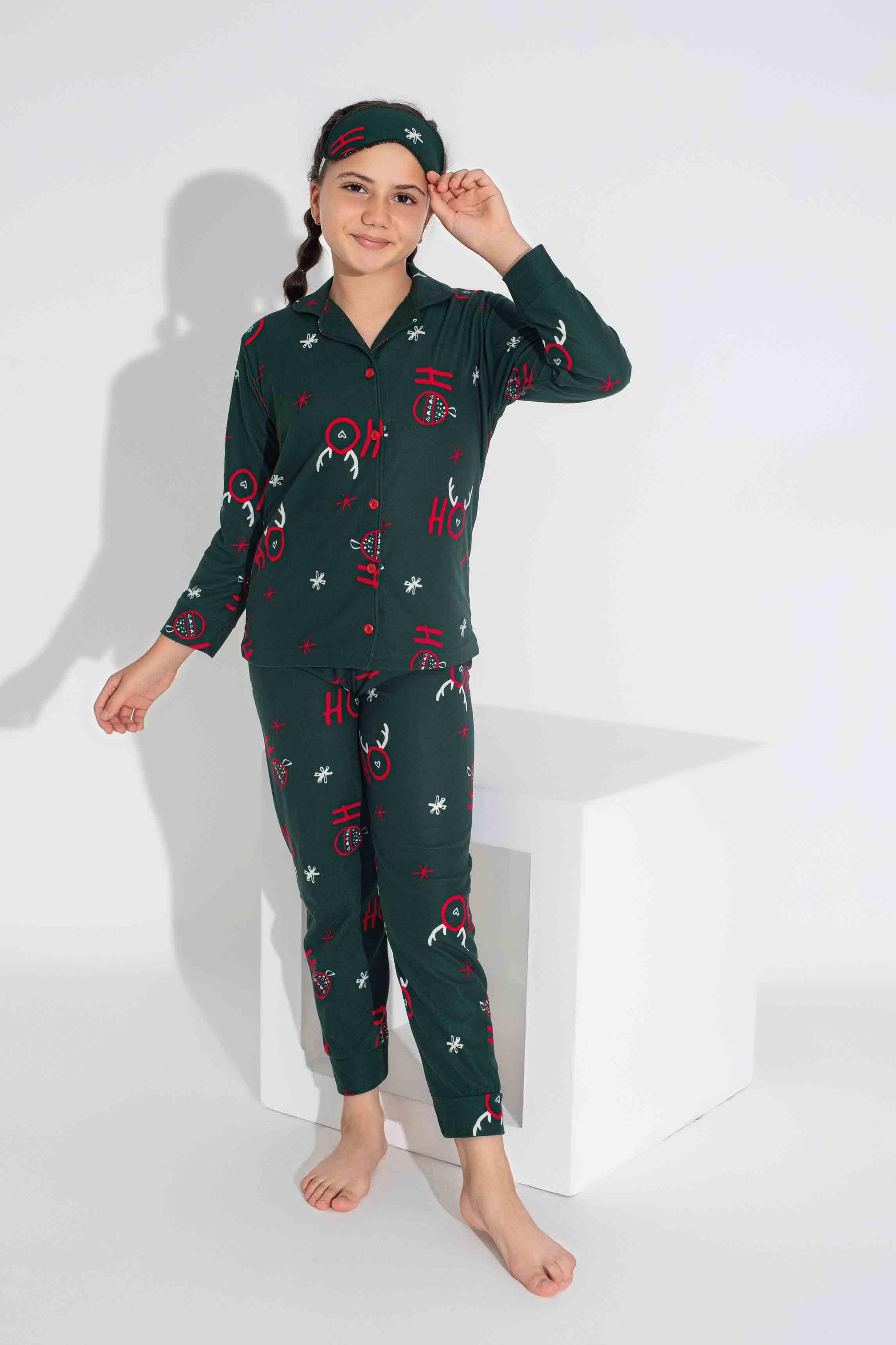 Yeni Sezon Sonbahar/Kış Anne / Kız Çocuk Geyik Desenli Süet Pijama Takımı 2724-11 Zümrüt Yeşili