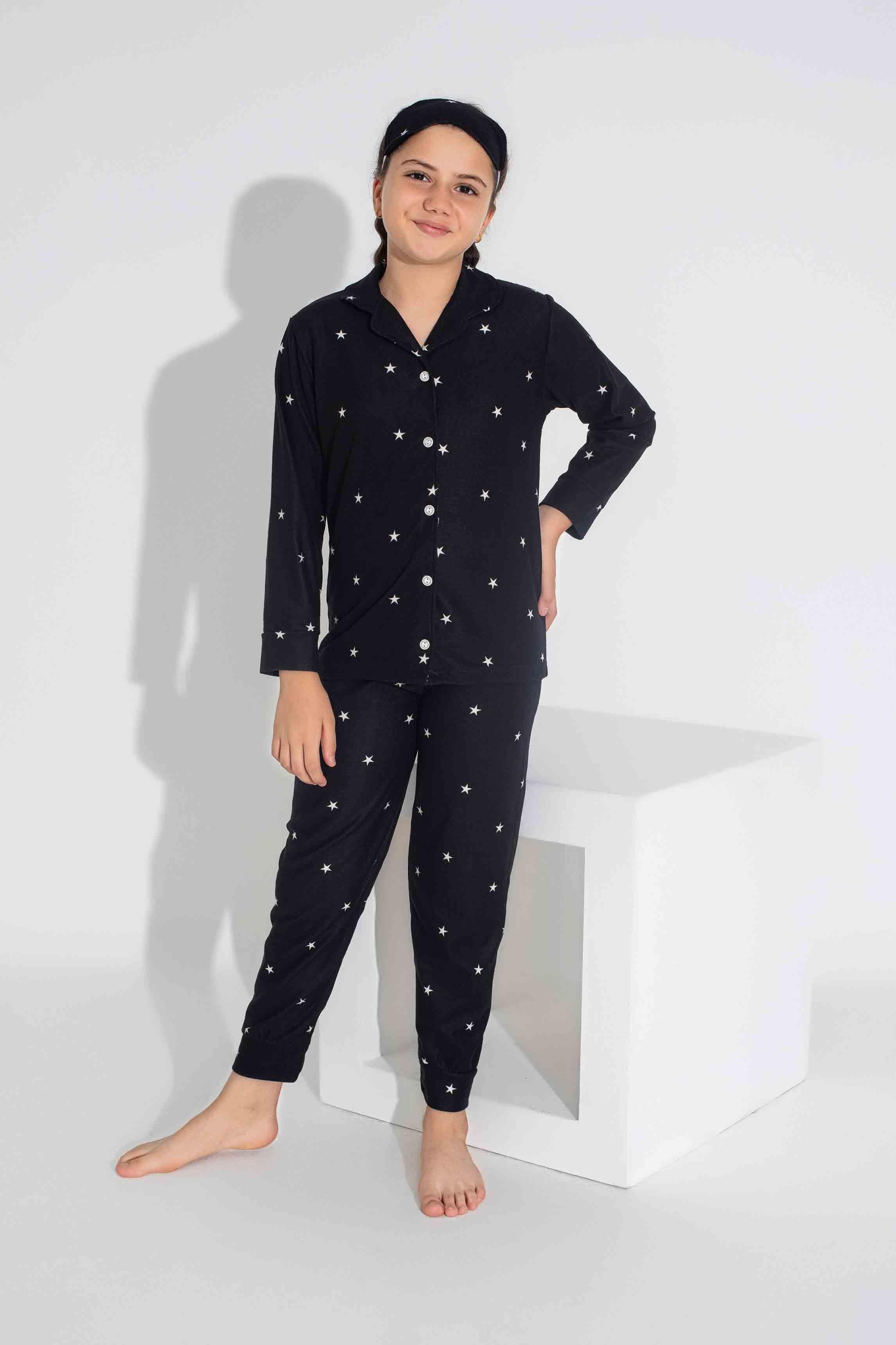 Yeni Sezon Sonbahar/Kış Anne / Kız Çocuk Yıldız Desenli Süet Pijama Takımı 2724-10 Siyah Yıldız