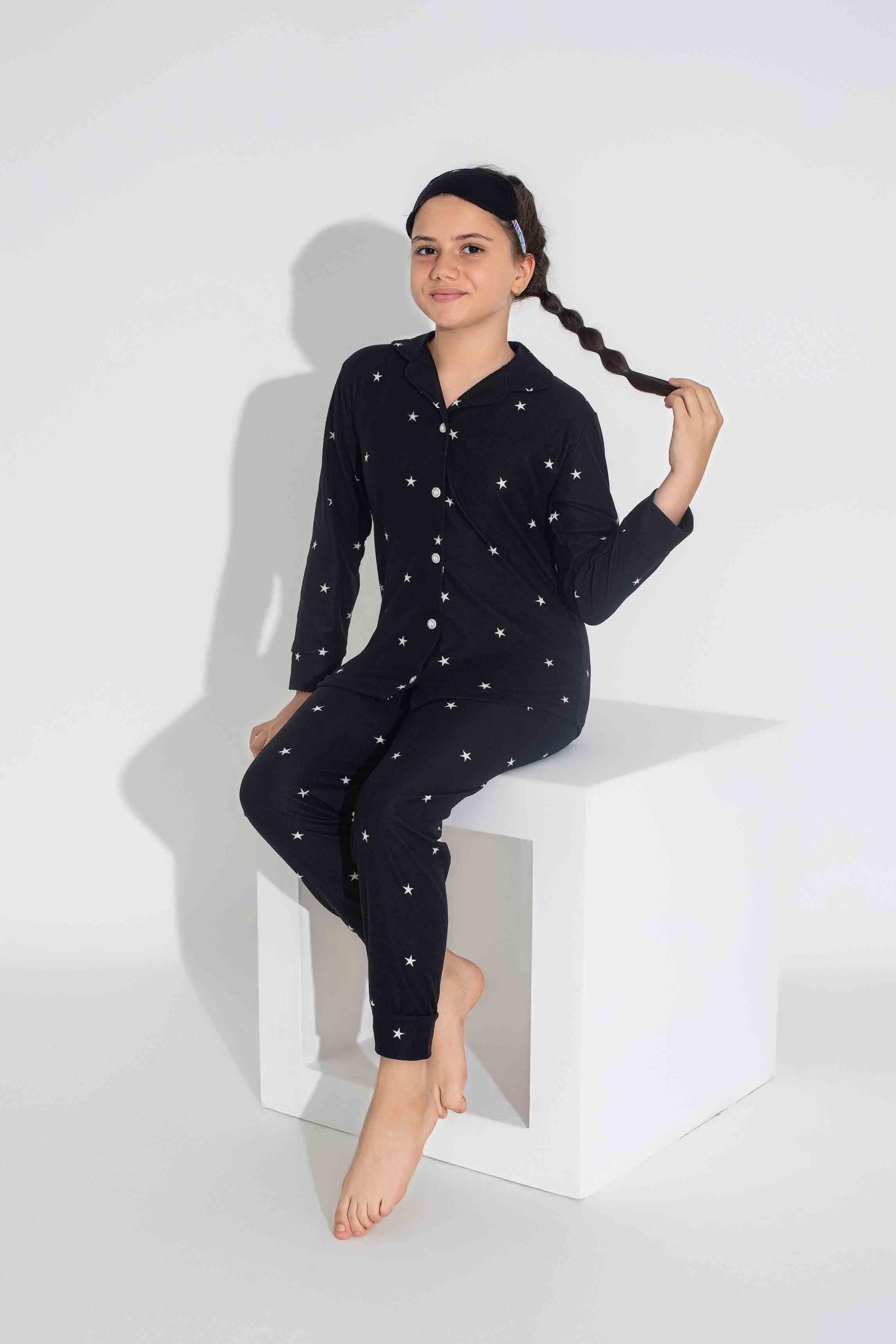 Yeni Sezon Sonbahar/Kış Anne / Kız Çocuk Yıldız Desenli Süet Pijama Takımı 2724-10 Siyah Yıldız