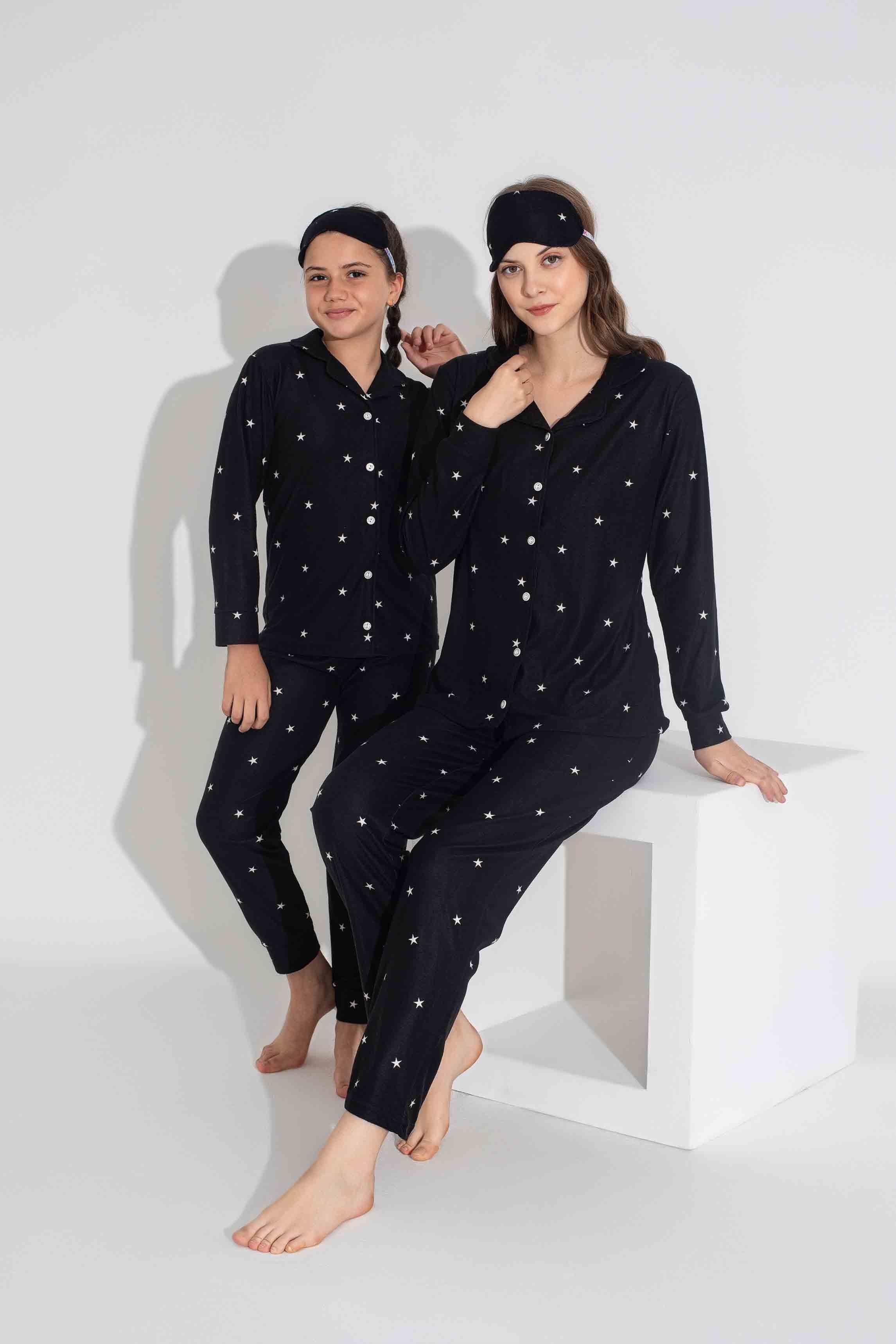 Yeni Sezon Sonbahar/Kış Anne / Kız Çocuk Yıldız Desenli Süet Pijama Takımı 2724-10 Siyah Yıldız