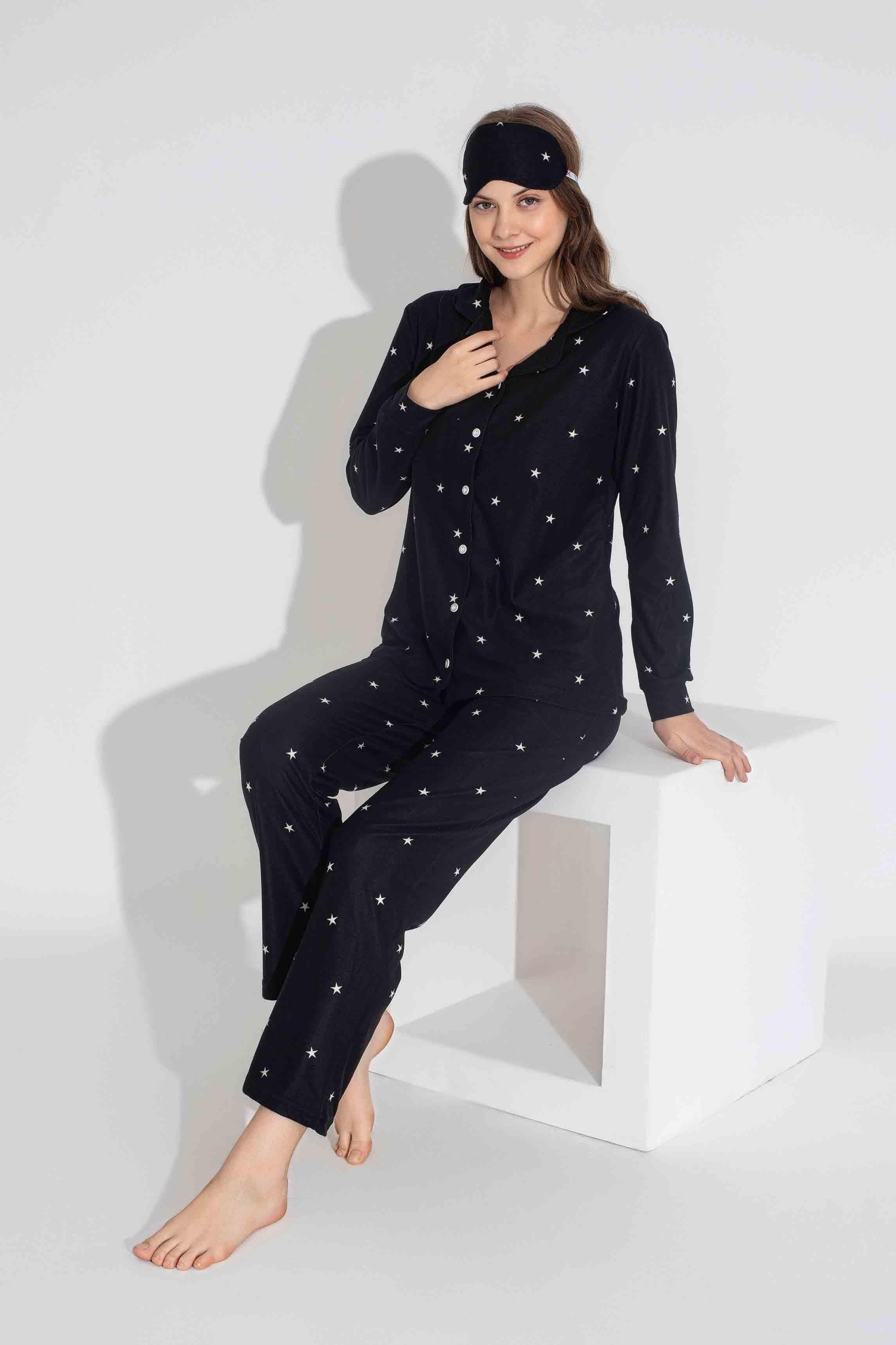 Yeni Sezon Sonbahar/Kış Anne / Kız Çocuk Yıldız Desenli Süet Pijama Takımı 2724-10 Siyah Yıldız